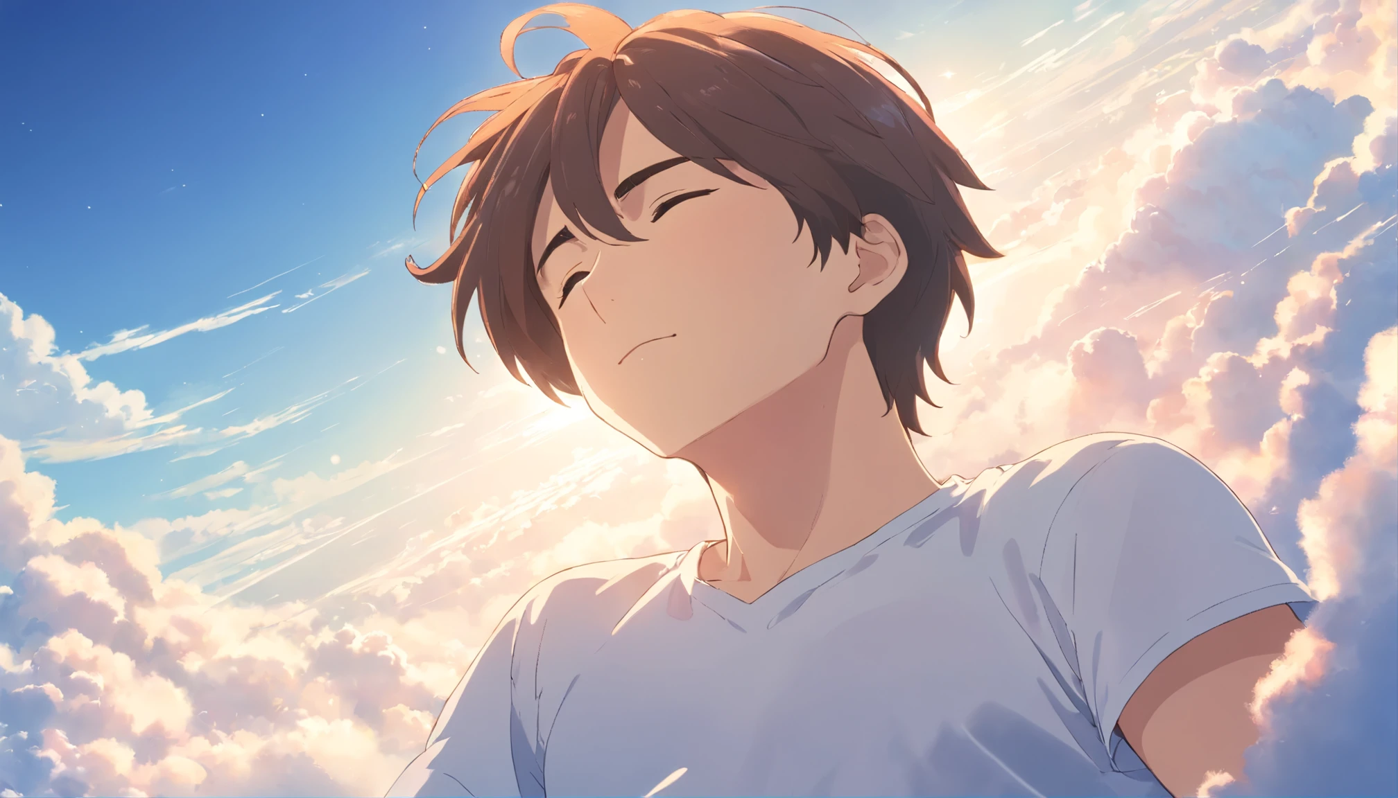 Sleeping on the clouds, Handsome man in white shirt, Eyes closed, Short-haired, Sunny