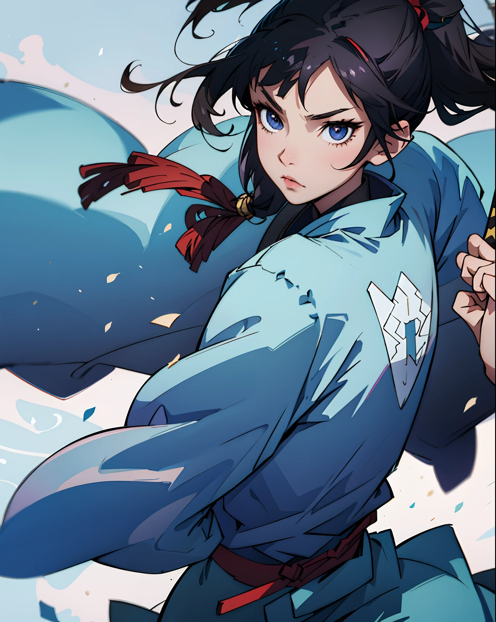 Anime Picture Gekkadan, Kusanagi, Black Hair, White Mesh, Sword Charmer, Man Long Ponytail, Samurai, Wind, Blue Yokatana