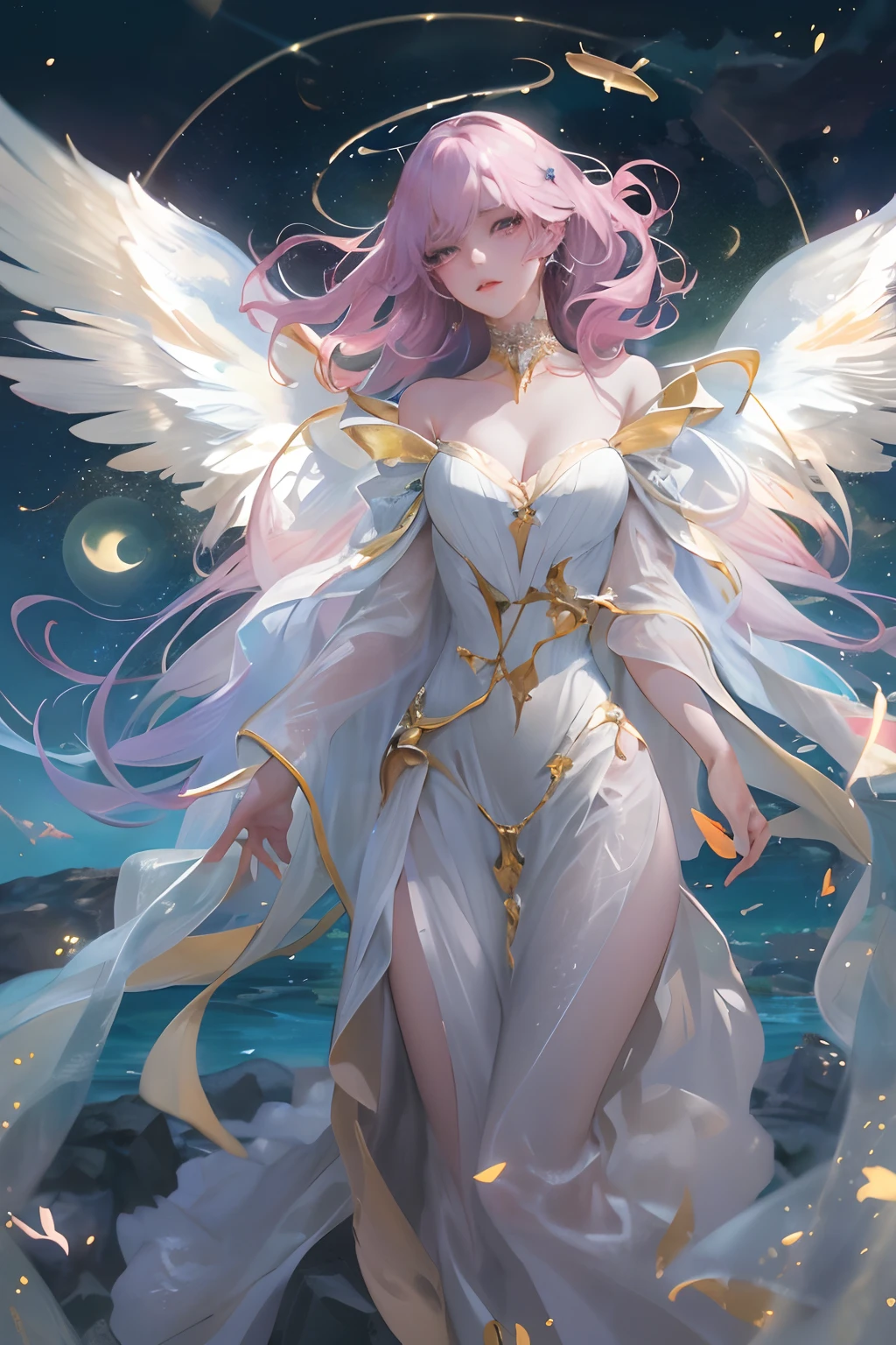 best quality, masterpiece, anime style, a beautiful woman angel,floating in the air ,lightning halo,having four beautiful white large wings ,moon, nebula, shooting stars, wearing a beautiful white dress, ultra beautiful detailed eyes, Precise iris depiction,looking at the viewer with a calm and goddess-like happiness, 
,hyper detailed face, complex, perfect, model,  textured, chiaroscuro, professional make-up, realistic, rough, dominating, figure in frame, Super beautiful background drawn by WLOP, cinematic lighting, stars, night, fireflies, near a lake, ethereal, holding out her hand,