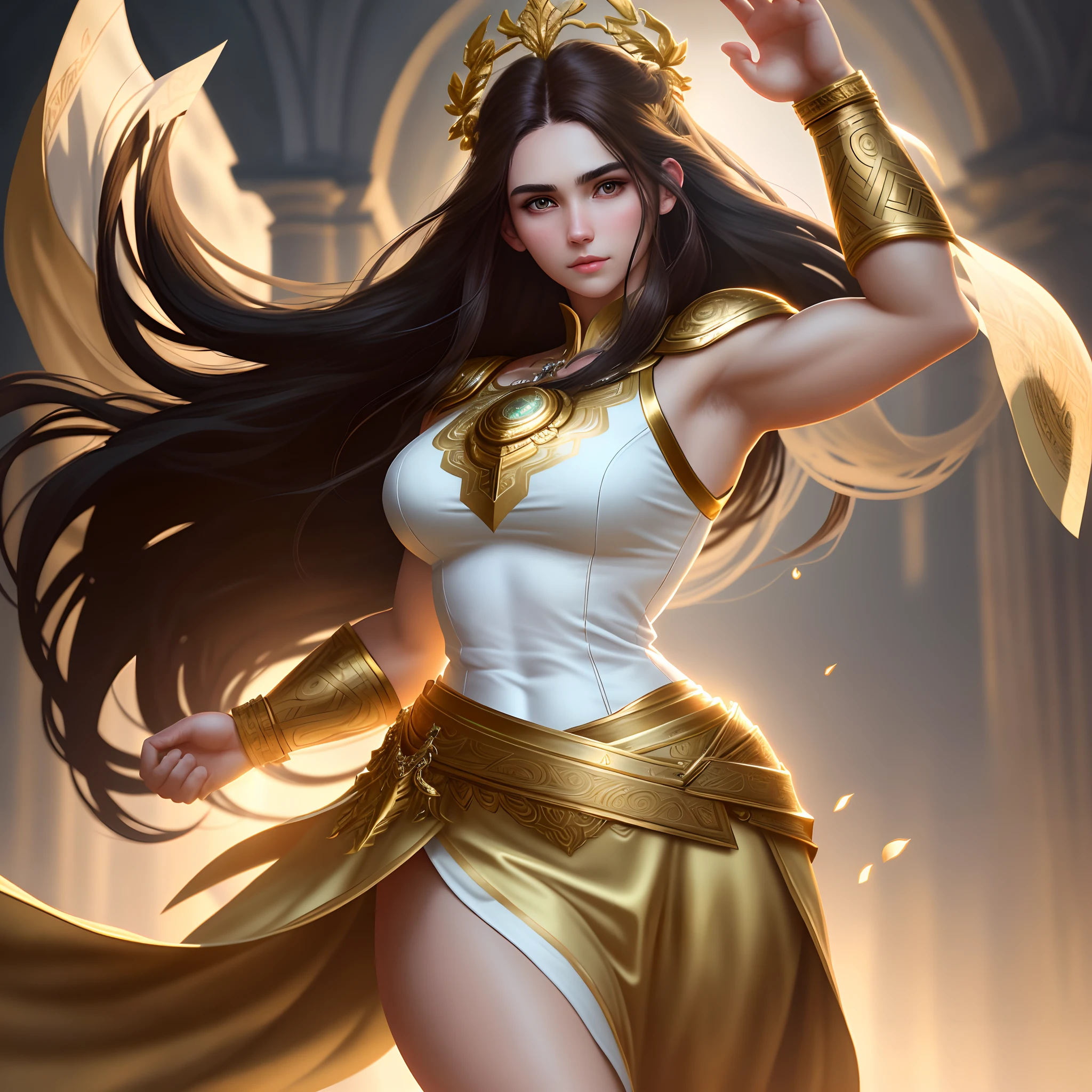 beautiful girl, white skin, subtle makeup, golden hour, dark brown hair, looking forward, realistic photo, high contrast, 8k HD, detailed, hyper-detailed, realistic skin texture, large body, 100 cm large waist, long hair, medium chest best quality, ultra high, raw photo, dramatic lighting, unreal engine, intricate diffuse glow golden tunic, illuminated greek scenery, perfectly detailed arms and hands, strong arms, epic