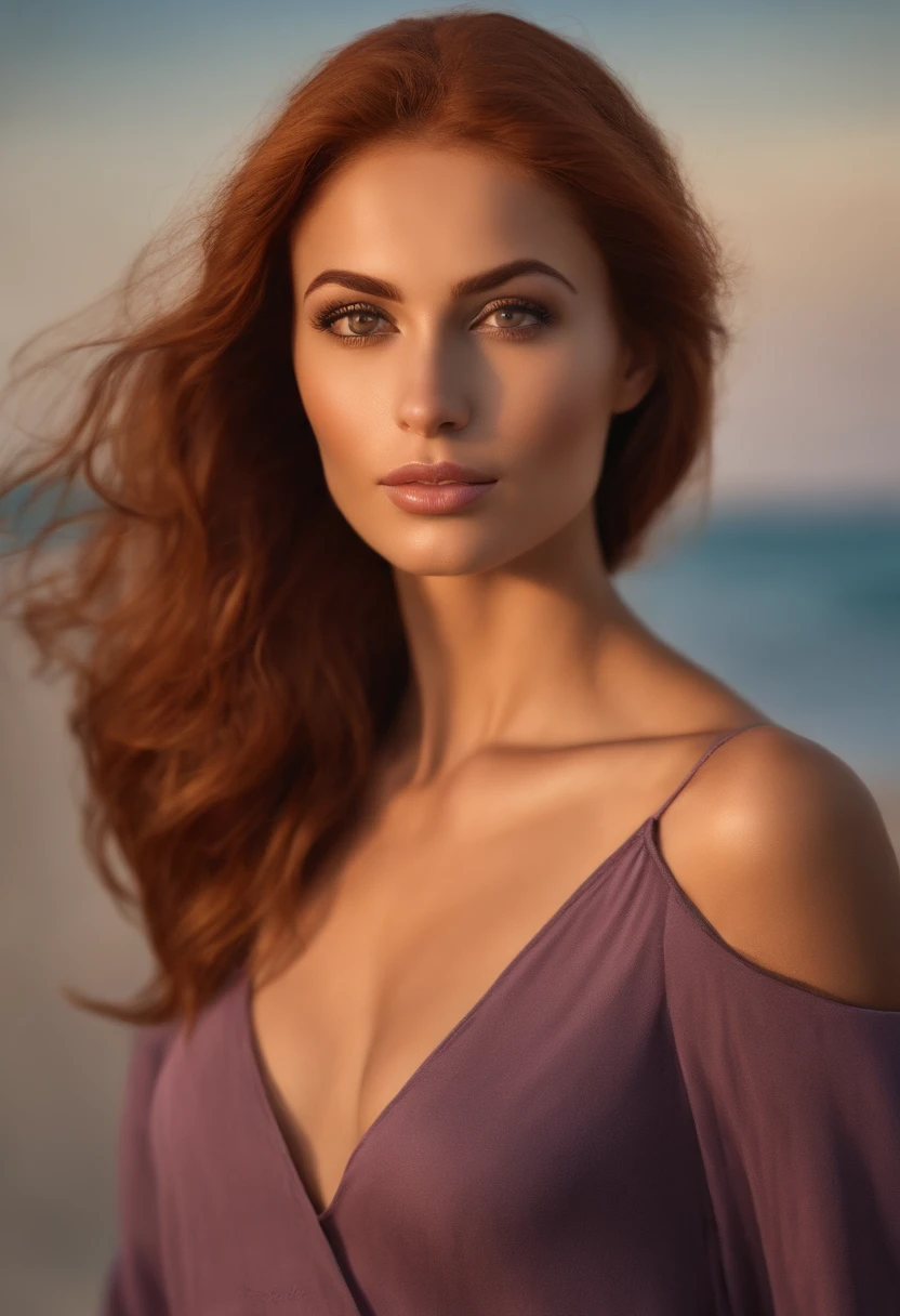 arafed woman fully , sexy girl with brown eyes, ultra realistic, meticulously detailed, portrait Cintia Dicker, Red hair and large eyes, selfie of a young woman, dubai eyes, violet myers, without makeup, natural makeup, looking directly at the camera, face with artgram, subtle makeup, stunning full body shot kneeling on sand, in beach, medium to large size bust