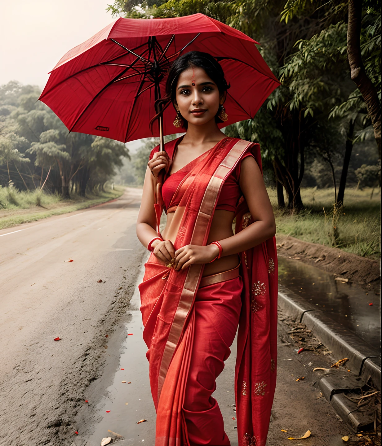 A girl in red hot saree, with umbrella at the roadside