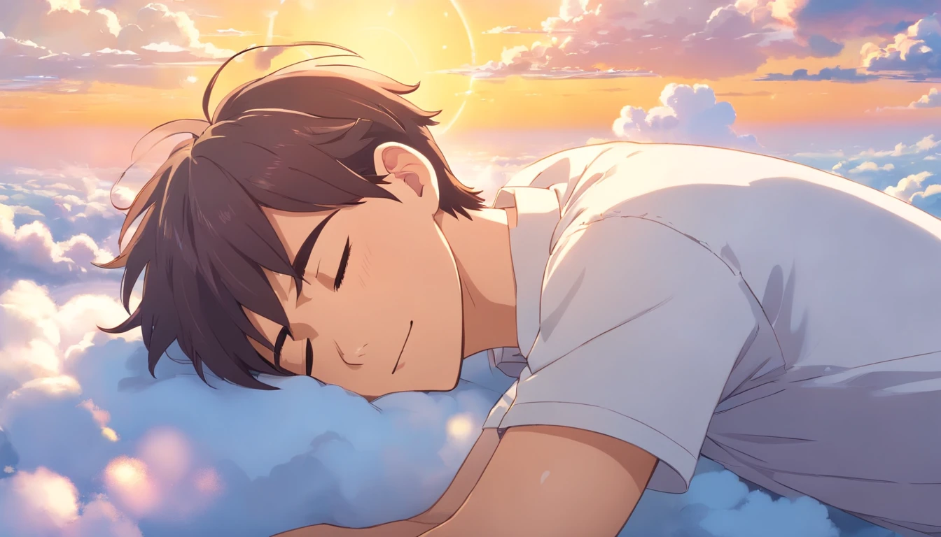 Sleeping on the clouds, Handsome man in white shirt, Eyes closed, Short-haired, Sunny, Smiling