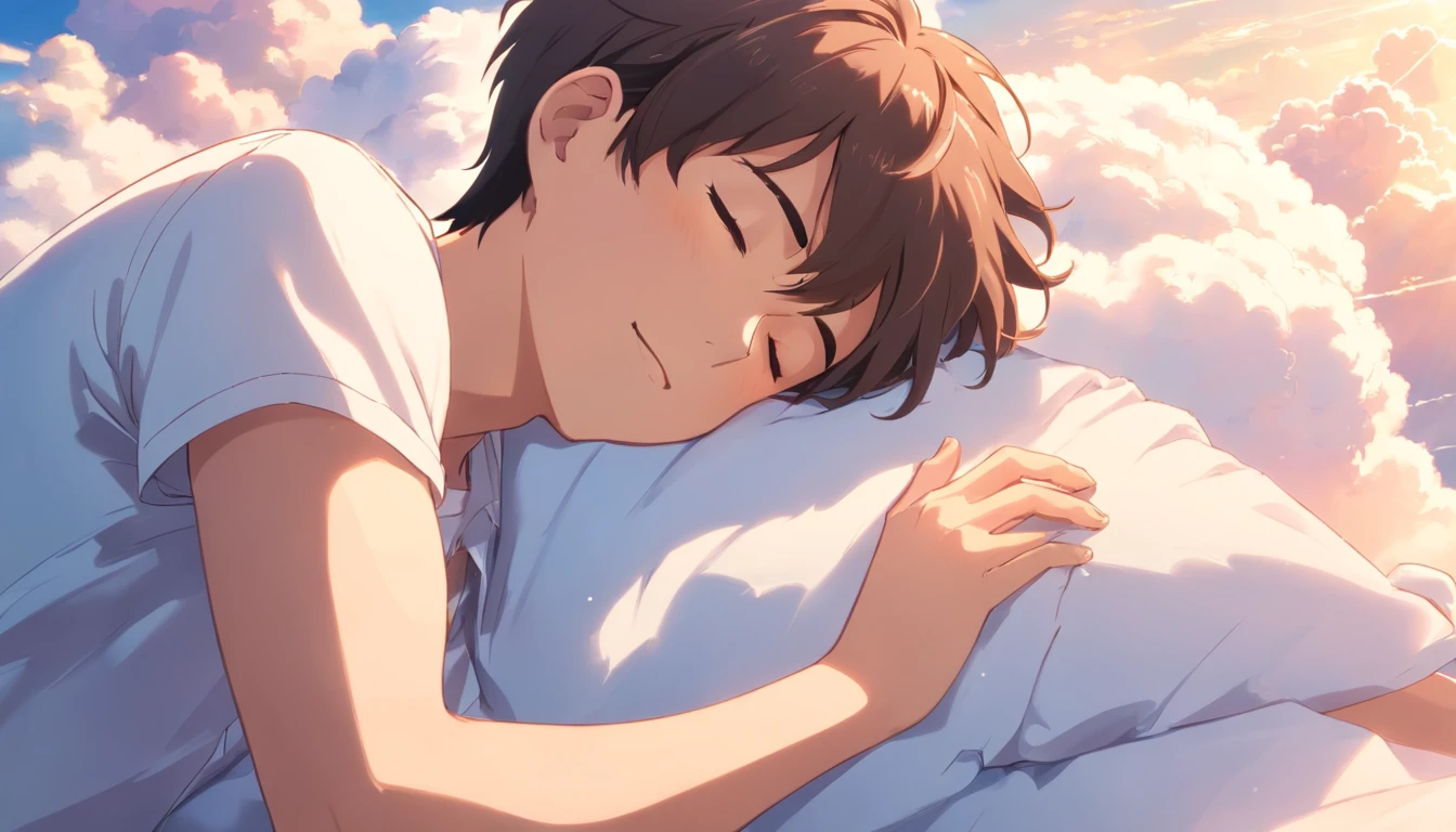 Sleeping on the clouds, Handsome man in white shirt, Eyes closed, Short-haired, Sunny, Smiling