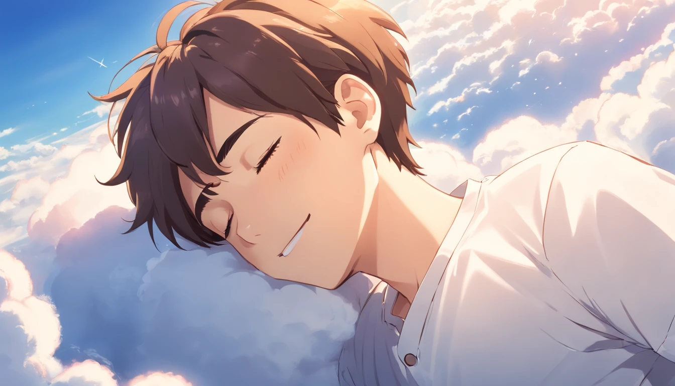 Sleeping on the clouds, Handsome man in white shirt, Eyes closed, Short-haired, Sunny, Smiling