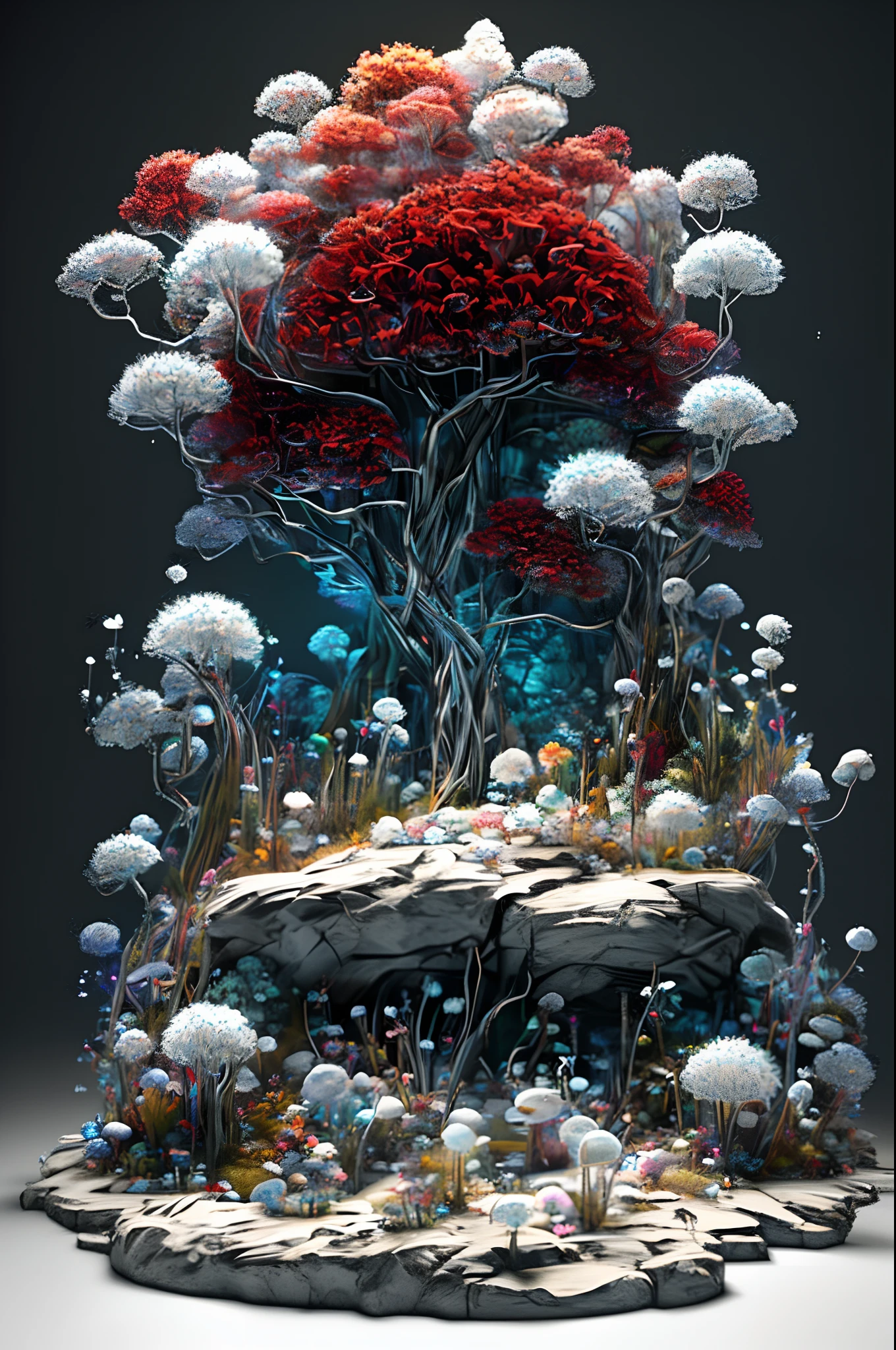 complex 3D rendering, super detailed beautiful angel of death, biomechanical cyborg, analog 150mm lens, beautiful natural soft edge light, large leaves and stems, roots, delicate lace of foliage, colorful details, Boris Bijan Saberi outfit, pearl earrings, piercings, fashion modern embroidery, intricate details, mesh wire, Mandelbrot fractal, facial muscles, cable wires, microchip, bullying, hyperrealistic, ultra-detailed, octane rendering, volumetric lighting, 8k post-production, red and white with a bit of black, detailed metal bones, half-human, iridescent colors, Glenn Brown style, white room, god power, foreshortening, complex poses