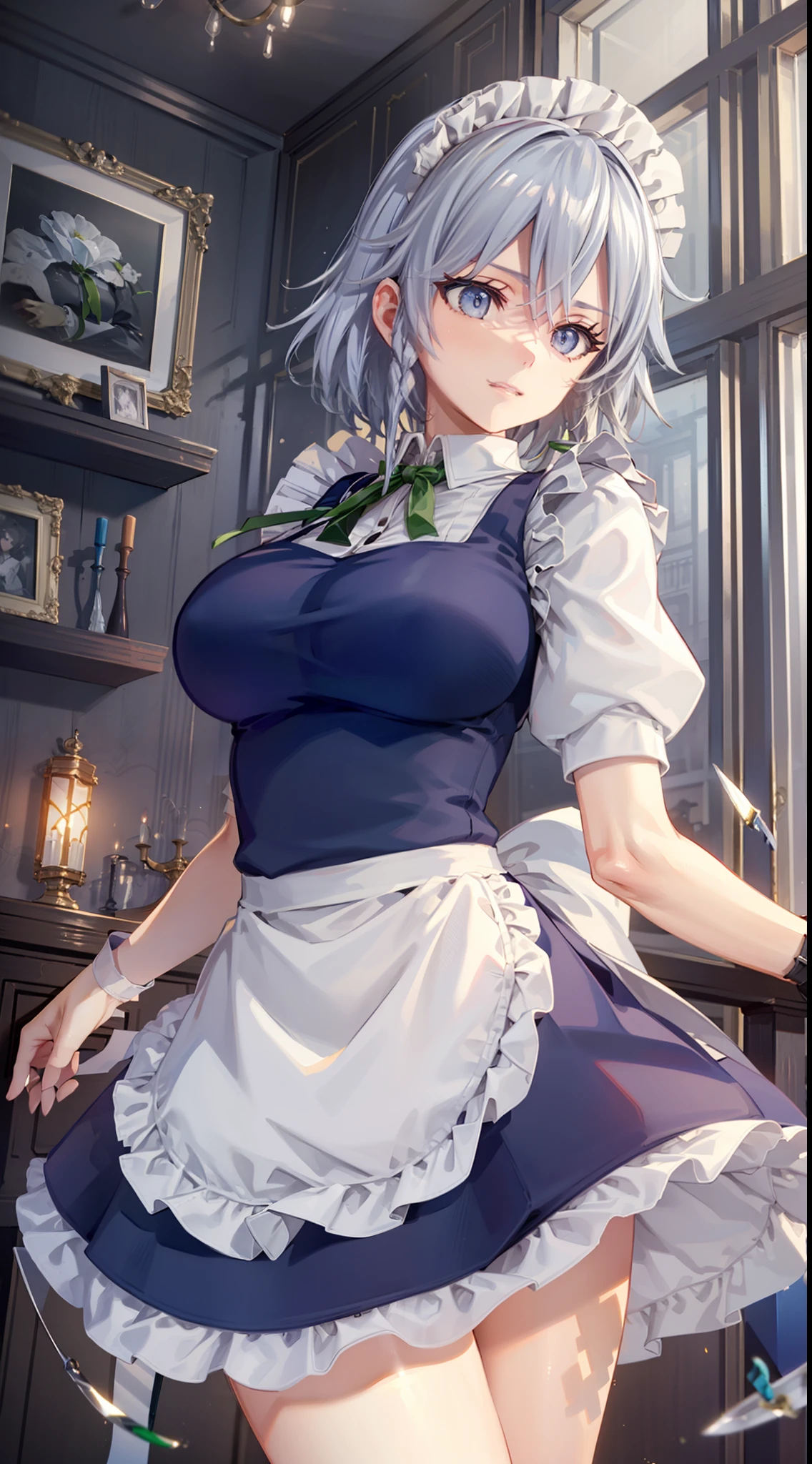 (Unity 16K Wallpaper, masutepiece, Best Quality, Ultra-detailed, extremely details CG, Cinematic lighting, Detailed, Beautiful detailed eyes, Solo),超A high resolution,Fine skin,A sexy,maid, maid apronl, Maid headdress,Knives,embarrassed,From below,Throwing knives,Floating hair, Wind, Indoors,