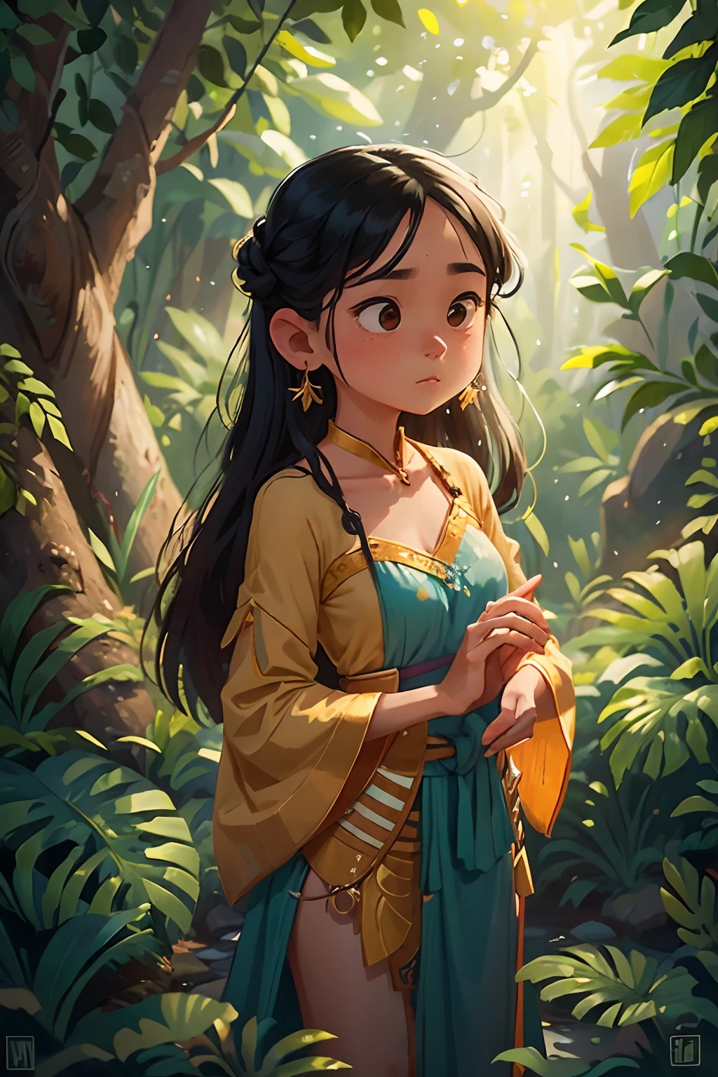 A gentle and compassionate young girl around the , the heroine of the Indonesian folk tale "Bawang Merah Bawang Putih." She possesses a slender build with long flowing black hair cascading down her back, parted in the middle, reflecting her traditional origins. Her soft, almond-shaped eyes radiate innocence, gleaming with a mix of hope and sadness. Adorned in traditional Indonesian attire, she wears a delicate batik sarong in hues of blue and green, paired with a matching kebaya blouse that emphasizes her grace. A golden brooch is pinned near her collarbone, and her ears glisten with small gold earrings. She stands barefoot on the moist earth, surrounded by the serenity of nature, with her hands gently clasped in front of her, embodying the purity and resilience of her character.