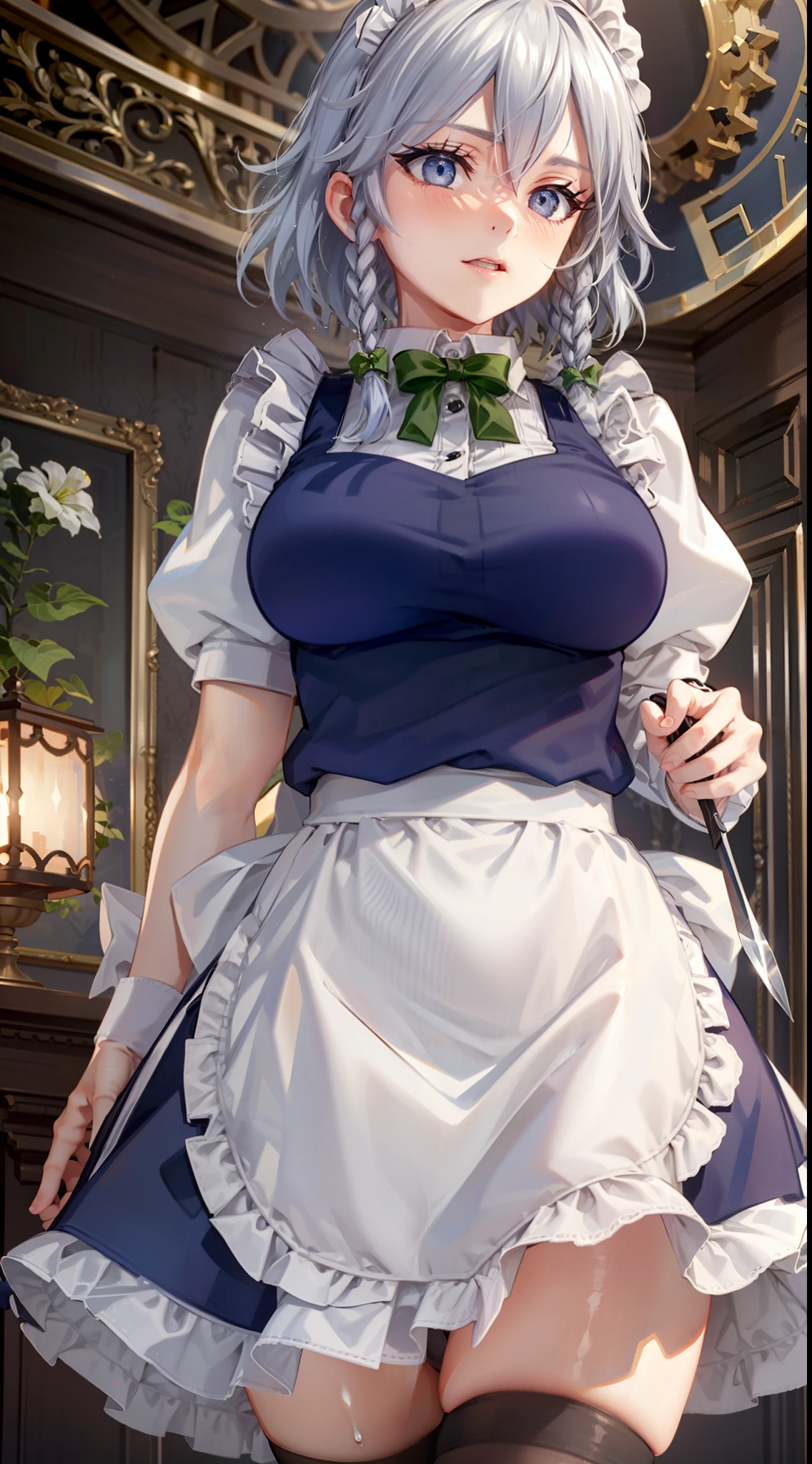 (Unity 16K Wallpaper, masutepiece, Best Quality, Ultra-detailed, extremely details CG, Cinematic lighting, Detailed, Beautiful detailed eyes, Solo),超A high resolution,Fine skin,A sexy,maid, maid apronl, Maid headdress,Knives,embarrassed,From below,Throwing knives,Floating hair, Wind, Indoors,full-face blush