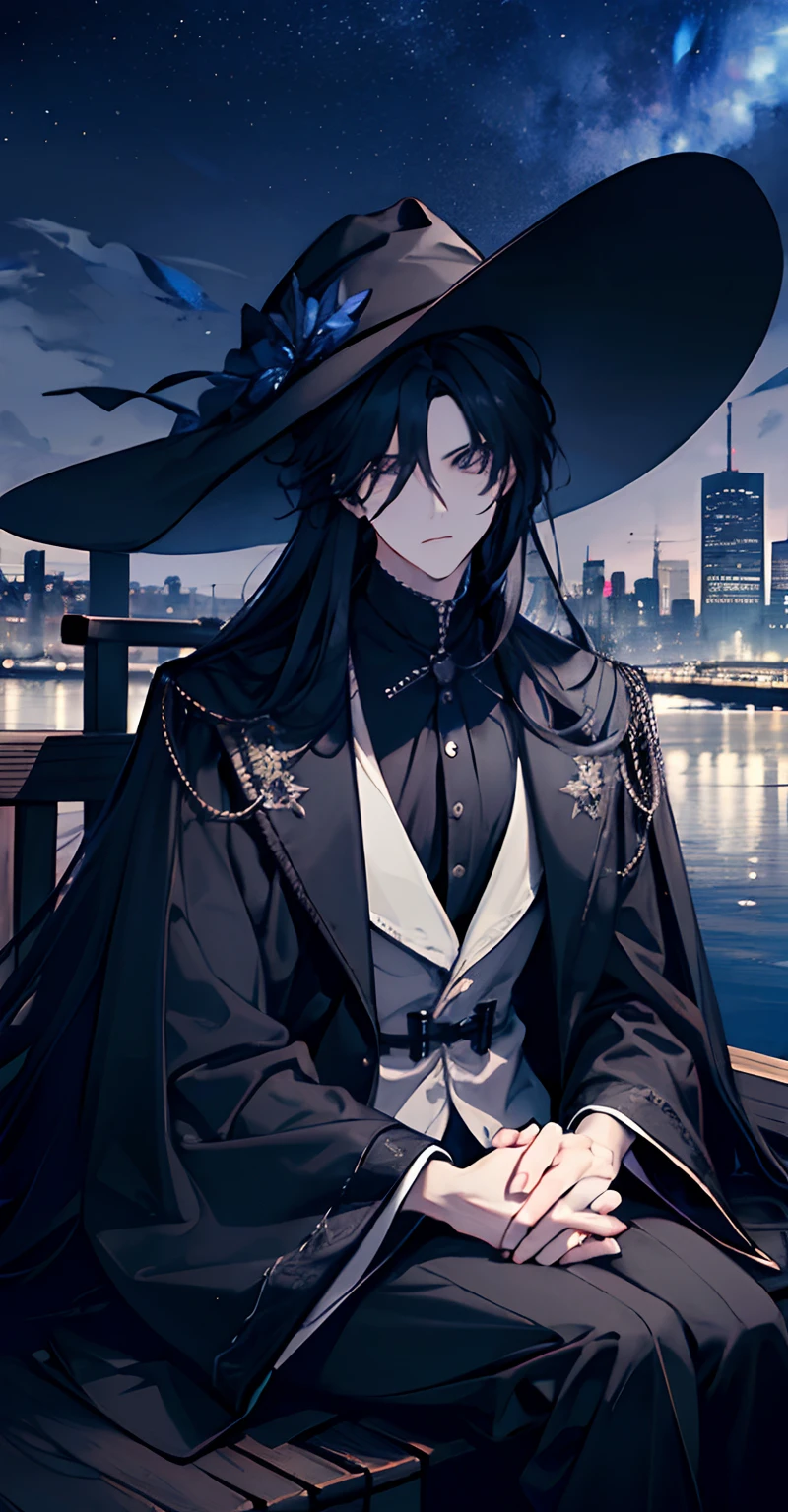 a man wearing a long flowing jacket, oversized sleeves, chauffer hat, long black ombre hair, man in his 20s, black shoulder bag, wind, serious expression, sitting down, city background, looking up at sky, standing still, night time, beautiful soft lighting, starry sky