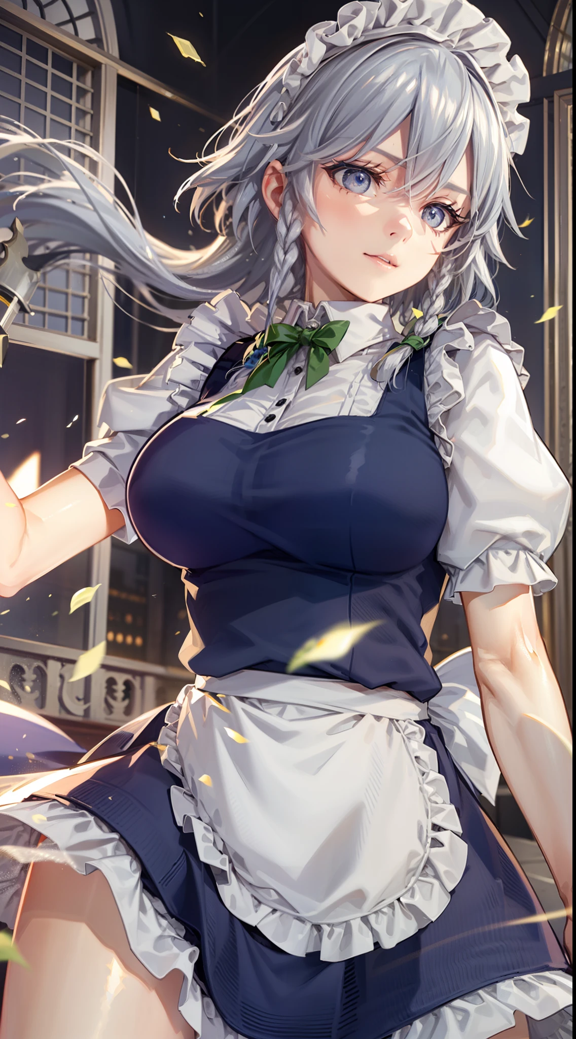 (Unity 16K Wallpaper, masutepiece, Best Quality, Ultra-detailed, extremely details CG, Cinematic lighting, Detailed, Beautiful detailed eyes, Solo),超A high resolution,Fine skin,A sexy,maid, maid apronl, Maid headdress,Knives,ahegao in heat,From below,Throwing knives,Floating hair, Wind, Indoors,