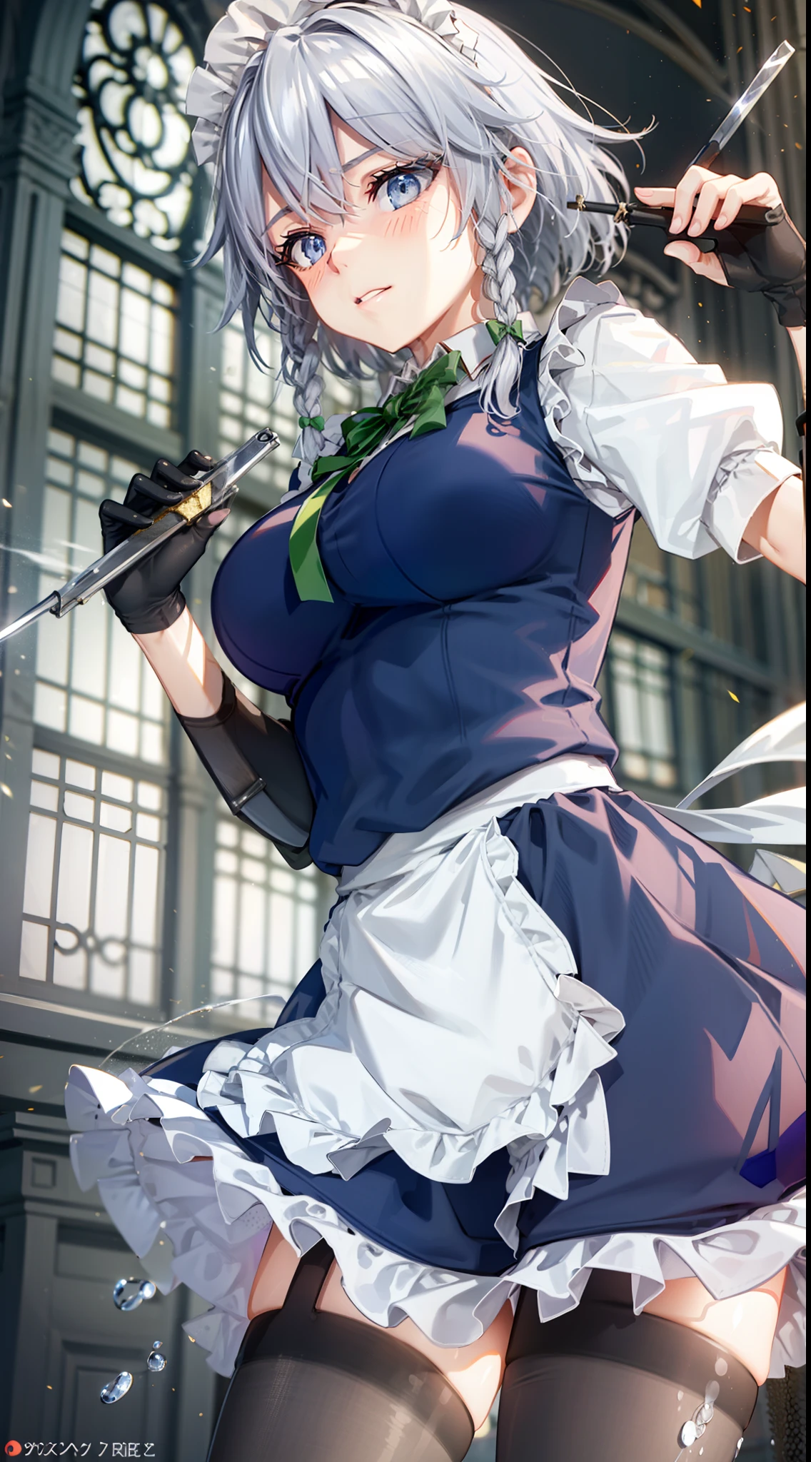 (Unity 16K Wallpaper, masutepiece, Best Quality, Ultra-detailed, extremely details CG, Cinematic lighting, Detailed, Beautiful detailed eyes, Solo),超A high resolution,Fine skin,A sexy,maid, maid apronl, Maid headdress,Knives,ahegao in heat,From below,Throwing knives,Floating hair, Wind, Indoors,full-face blush