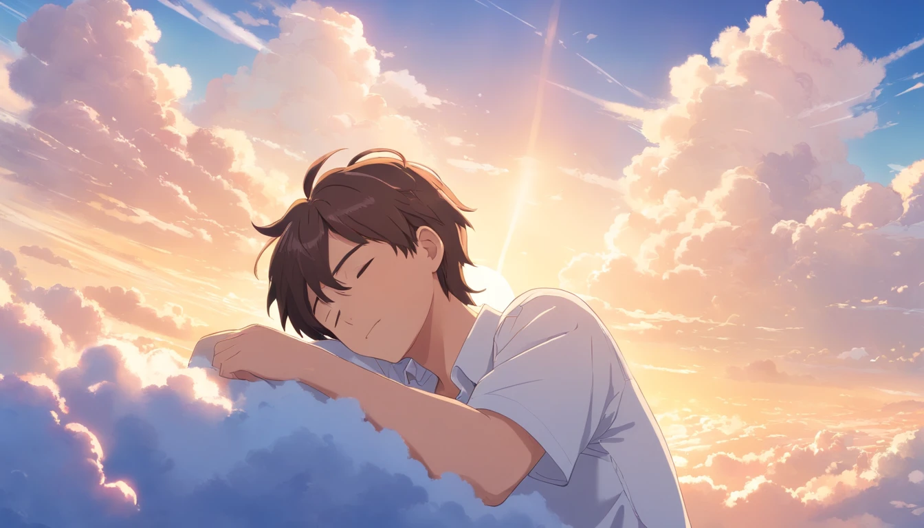 Sleeping on the clouds, Handsome man in white shirt, Eyes closed, Short-haired, Sunny, Smiling