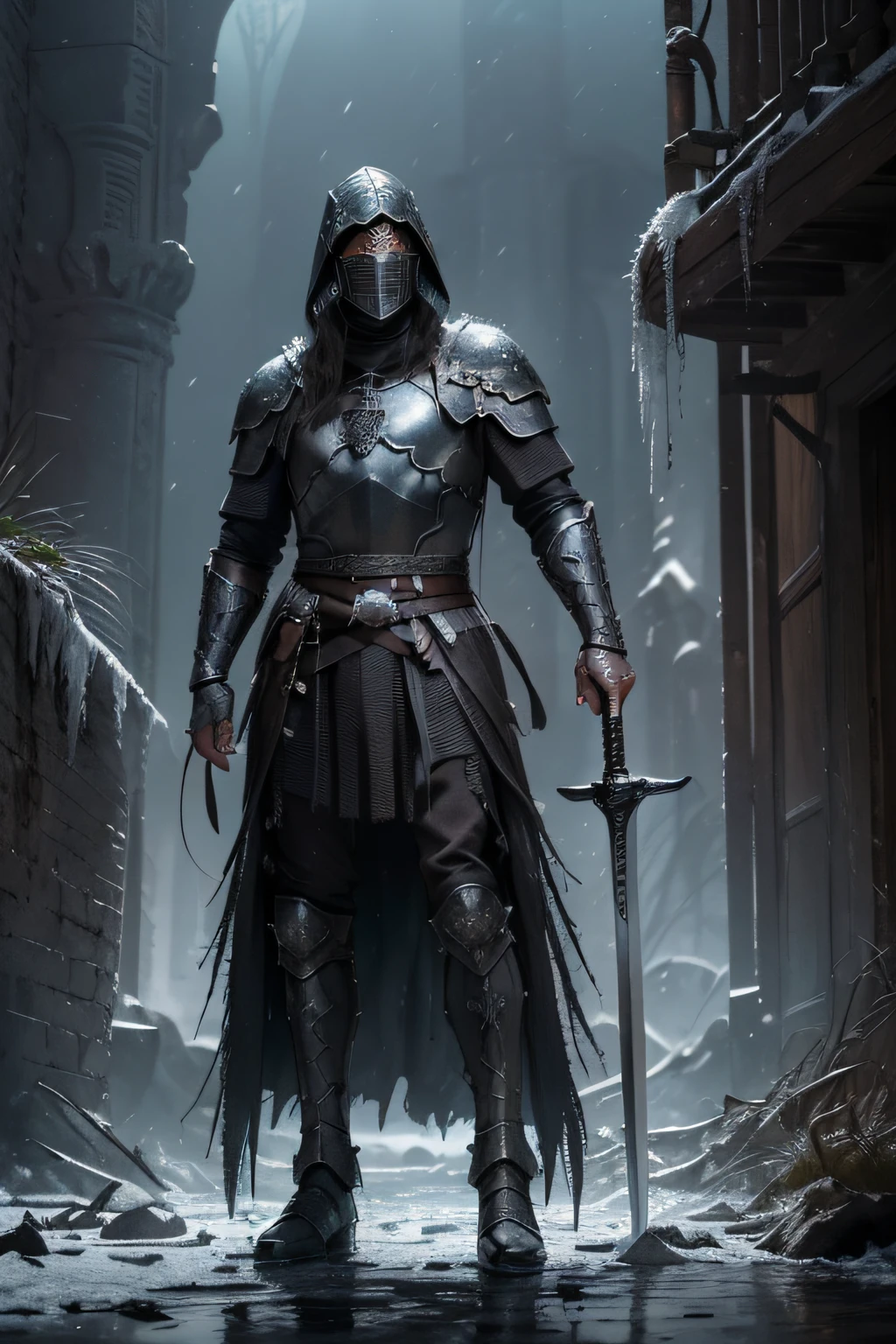 (Numerous award-winning masterpieces, with incredible detail, textures and maximum detail), (hyper realistic:1.4), (realistic:1.3), (best quality real texture skin), (finely detailed true circle eyes), (finely Detailed and beautiful face:1.6), ((medieval world)), dark black leather face mask, (knight in jet black), Delicately decorated, (dark black full-body armor with delicate ornamentation), (The armor is scarred but delicately decorated:1.5), Not wearing a helmet, (Full-length portrait:1.6), ((looks up)), ((looking down)), (full-body standing image:1.8), (Gripping the hilt of an elaborately decorated black long sword that glows with a monstrous light:1.7), (dramatic pose), (flamboyant pose), (beautiful pose), beautiful white hair, beautiful silver hair, beautiful blonde hair ,black web robe, spiders on armor, Strong Warrior, Agile Warrior, fantasy, ((dramatic photo)), ((dynamic photo)), full body view, highly detailed, ultra-realistic, intricate details, painting (artwork), ((masterpiece,best quality)), ((cinematic light)), hyper realistic, fearsome, dark fantasy , detailed armor, detailed helmet, epic realistic, faded, ((neutral colors)), art, (hdr:1.5), (muted colors:1.2), hyper detailed, (art station:1.5), cinematic, warm lights, light effect, dramatic light, (intricate details:1.1), complex background, (Greg rutkowski:0.8), , (Swirling flames), (Swirling lightning), (swirling ice and snow), Old ruins infested with plants, Ruins of an old castle, in the dungeon, Ruins of an ancient castle, Abandoned mine, Deserted ruins, crumbling ruins, Ruins with clear puddles, twilight, sunset, dusk, ripple on water, running water, Battlefield, bio luminescence,