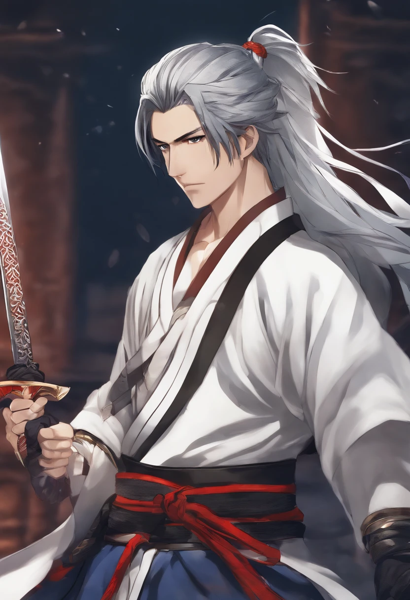 Anime Picture Gekkadan, Kusanagi, Black Hair, White Mesh, Sword Bearer, Man Long Ponytail, Samurai, Wind, Blue Yokata, Handsome Hair, One White Hair, Japanese Uniform, Holding a Sword