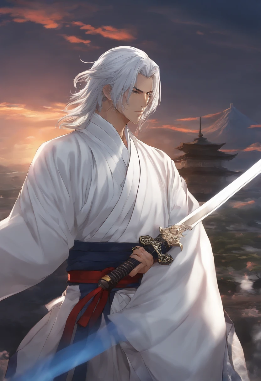 Anime Picture Gekkadan, Kusanagi, Black Hair, White Mesh, Sword Bearer, Man Long Ponytail, Samurai, Wind, Blue Yokata, Handsome Hair, One White Hair, Japanese Uniform, Holding a Sword