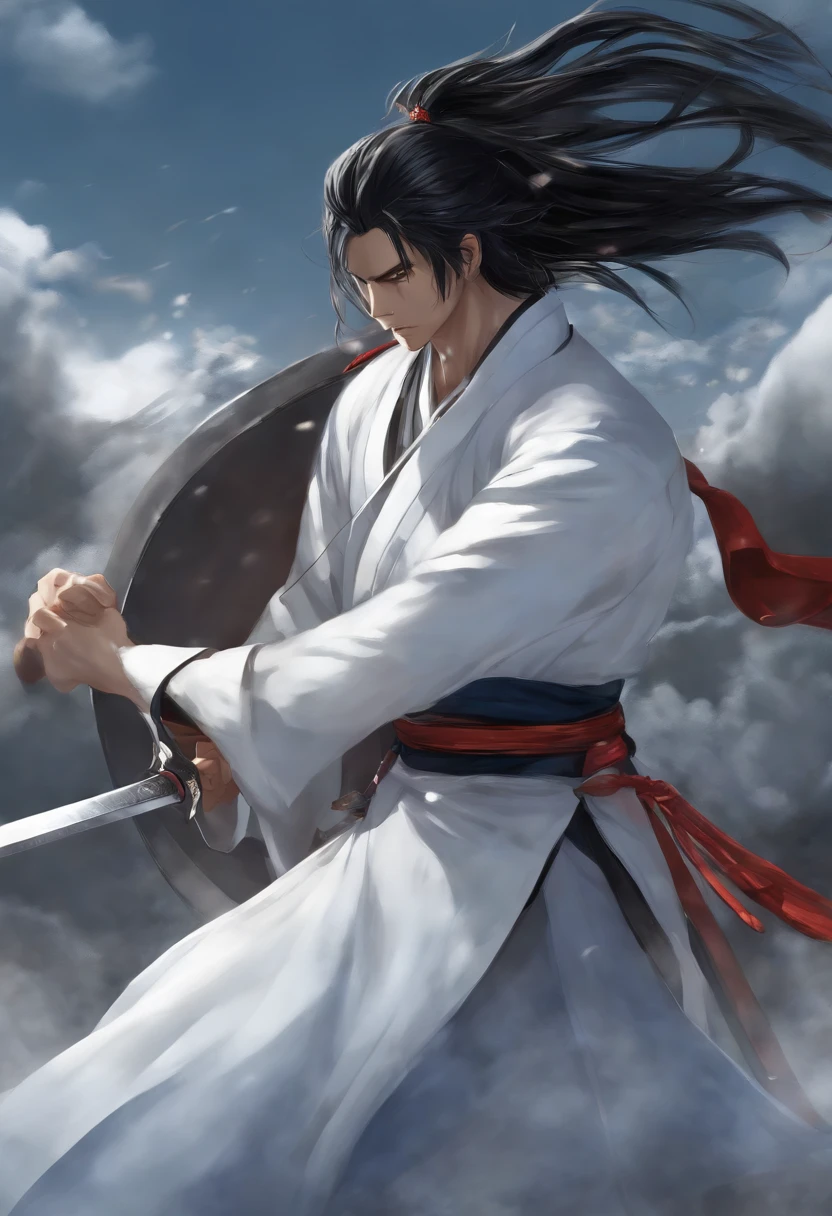 Anime Picture Gekkadan, Kusanagi, Black Hair, White Mesh, Sword Bearer, Man Long Ponytail, Samurai, Wind, Blue Yokata, Handsome Hair, One White Hair, Japanese Uniform, Holding a Sword