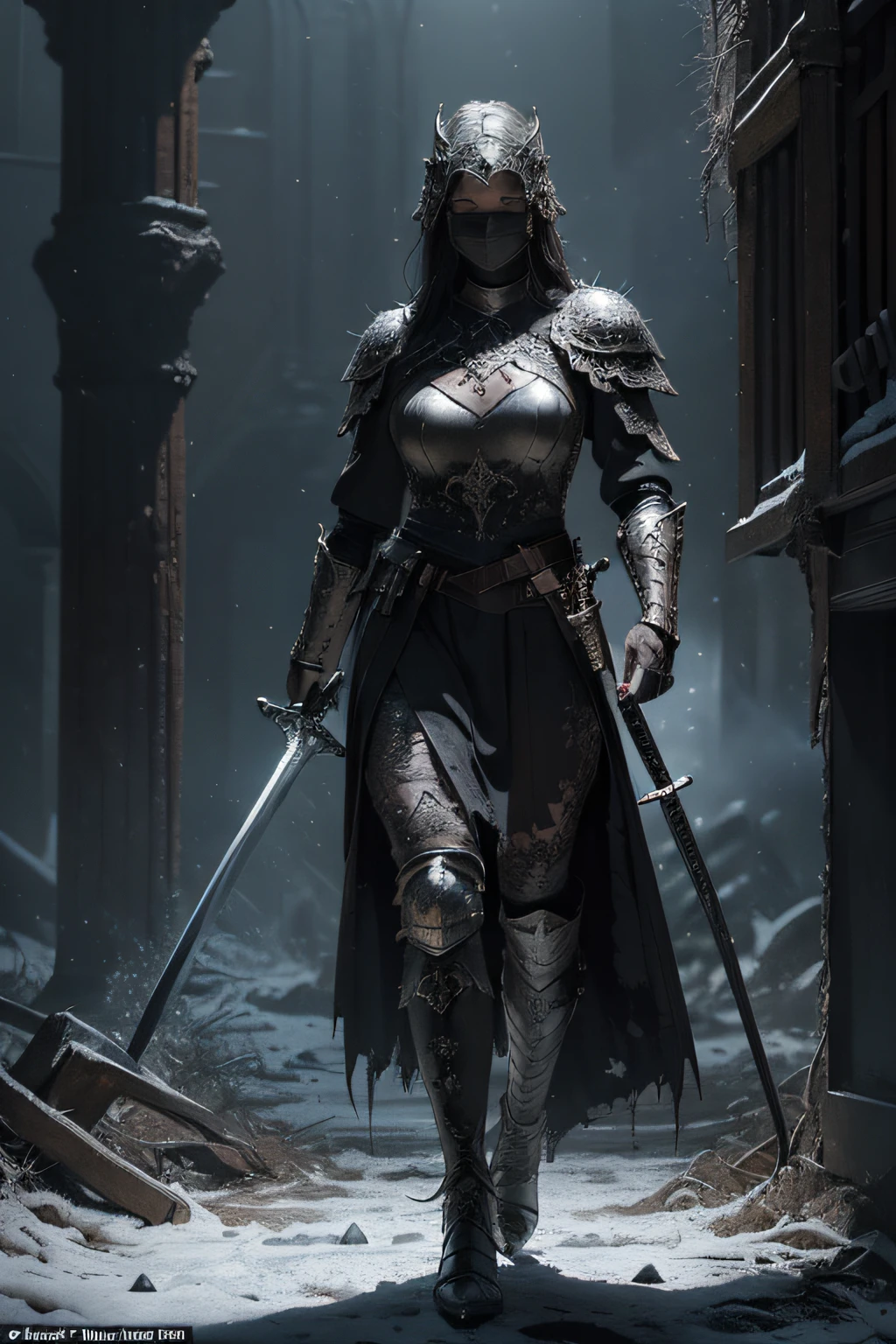 (Numerous award-winning masterpieces, with incredible detail, textures and maximum detail), (hyper realistic:1.4), (realistic:1.3), (best quality real texture skin), (finely detailed true circle eyes), (finely Detailed and beautiful face:1.6), ((medieval world)), dark black leather face mask, (knight in jet black), Delicately decorated, (dark black full-body armor with delicate ornamentation), (The armor is scarred but delicately decorated:1.5), Not wearing a helmet, (Full-length portrait:1.6), ((looks up)), ((looking down)), (full-body standing image:1.8), (Gripping the hilt of an elaborately decorated black long sword that glows with a monstrous light:1.7), (dramatic pose), (flamboyant pose), (beautiful pose), beautiful white hair, beautiful silver hair, beautiful blonde hair ,black web robe, spiders on armor, Strong Warrior, Agile Warrior, fantasy, ((dramatic photo)), ((dynamic photo)), full body view, highly detailed, ultra-realistic, intricate details, painting (artwork), ((masterpiece,best quality)), ((cinematic light)), hyper realistic, fearsome, dark fantasy , detailed armor, detailed helmet, epic realistic, faded, ((neutral colors)), art, (hdr:1.5), (muted colors:1.2), hyper detailed, (art station:1.5), cinematic, warm lights, light effect, dramatic light, (intricate details:1.1), complex background, (Greg rutkowski:0.8), , (Swirling flames), (Swirling lightning), (swirling ice and snow), Old ruins infested with plants, Ruins of an old castle, in the dungeon, Ruins of an ancient castle, Abandoned mine, Deserted ruins, crumbling ruins, Ruins with clear puddles, twilight, sunset, dusk, ripple on water, running water, Battlefield, bio luminescence,