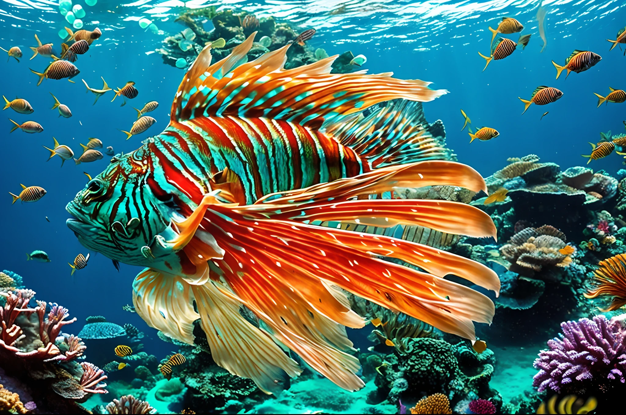 Alafe fish in an aquarium with a lot of water, Lionfish, exotic fish, 🦩🪐🐞👩🏻🦳, tropical sea creatures, Tropical Fish, taken in 2 0 2 0, marine animal, Long flowing fins, Colorful fish, sea creature, Deep-sea fish, photograph taken in 2 0 2 0, King of the Sea、Masterpiece、top-quality、8ｋAnd then、Golden ratio、colourfull、