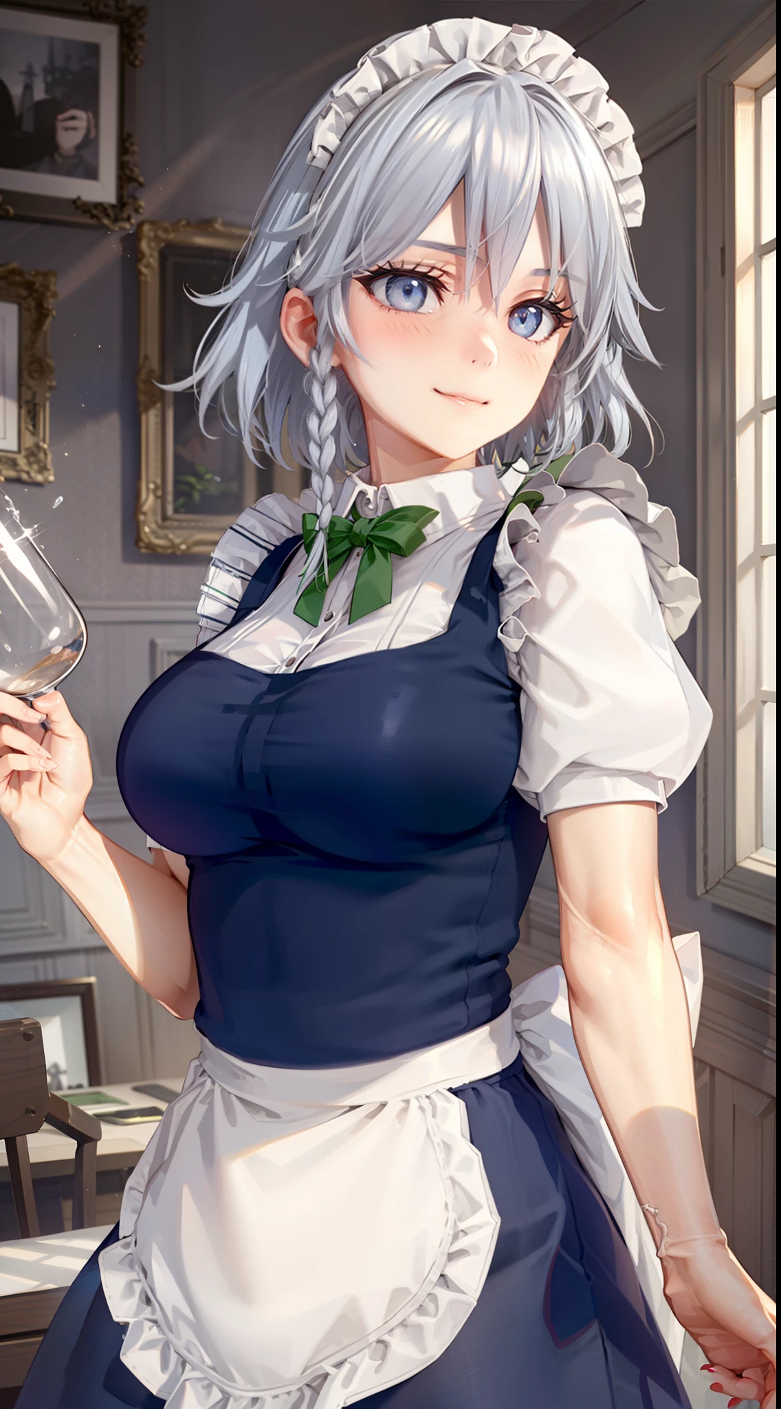 (Unity 16K Wallpaper, masutepiece, Best Quality, Ultra-detailed, extremely details CG, Cinematic lighting, Detailed, Beautiful detailed eyes,glistning skin),超A high resolution,Fine skin,A sexy,maid, maid apronl, Maid headdress,Knives,Seductive smile,From below,throwing knife,Floating hair, Wind, Indoors,full-face blush,see-through,