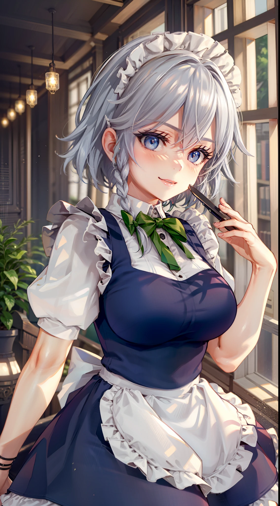 (Unity 16K Wallpaper, masutepiece, Best Quality, Ultra-detailed, extremely details CG, Cinematic lighting, Detailed, Beautiful detailed eyes,glistning skin),超A high resolution,Fine skin,A sexy,maid, maid apronl, Maid headdress,Knives,Seductive smile,From below,throwing knife,Floating hair, Wind, Indoors,full-face blush,see-through,