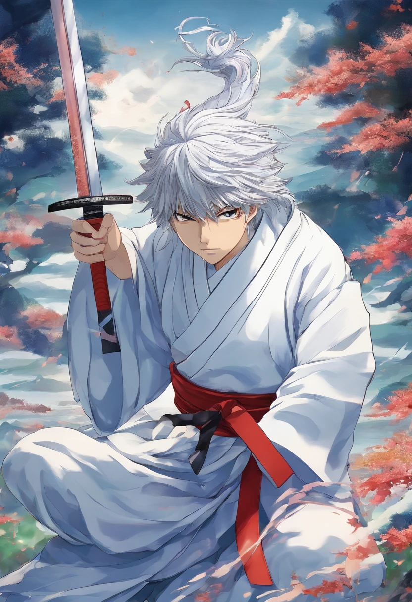 Anime Picture Gekkadan, Kusanagi, Black Hair, White Mesh, Sword Bearer, Man Long Ponytail, Samurai, Wind, Blue Yokata, Handsome Hair, One White Hair, Japanese Uniform, Holding a Sword