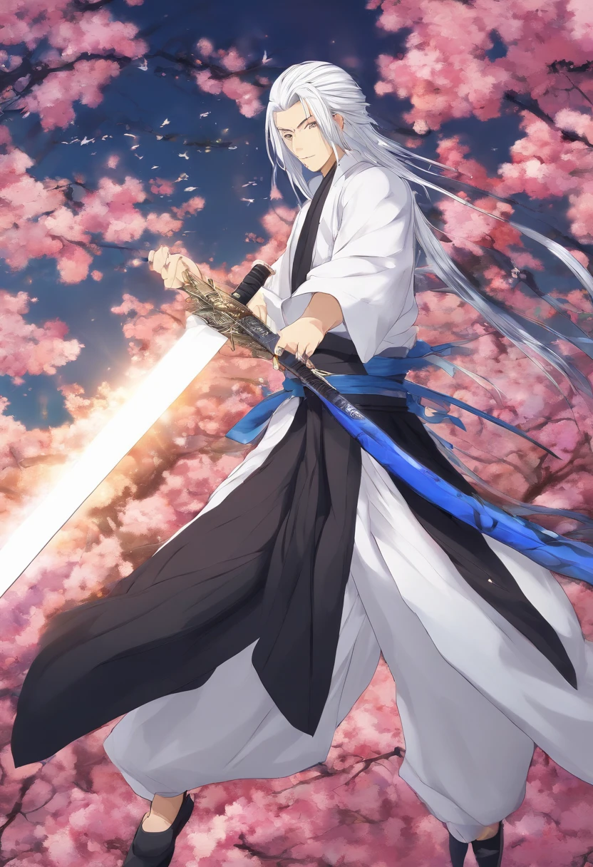 Anime Picture Gekkadan, Kusanagi, Black Hair, White Mesh, Sword Bearer, Man Long Ponytail, Samurai, Wind, Blue Yokata, Handsome Hair, One White Hair, Japanese Uniform, Holding a Sword
