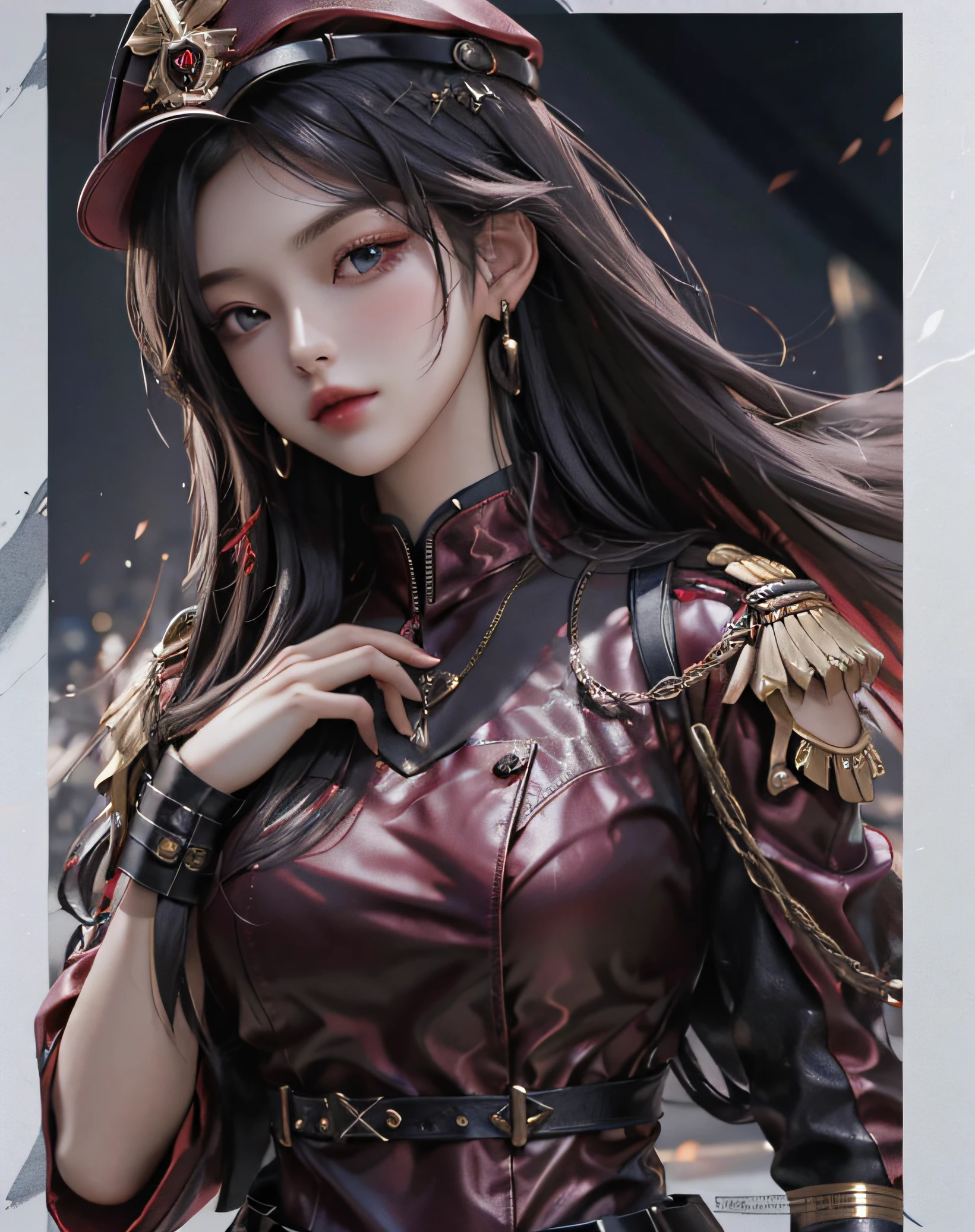 A girl, Dark blur dress, Detailed eyes, Frontal capture, Unreal Engine 5,Military uniform temptation,Military uniforms,Skirt that wraps hips,Wear a military cap,Red clothes,Metal ornaments,Anterior convex and posterior,red tint,Supermodel figure