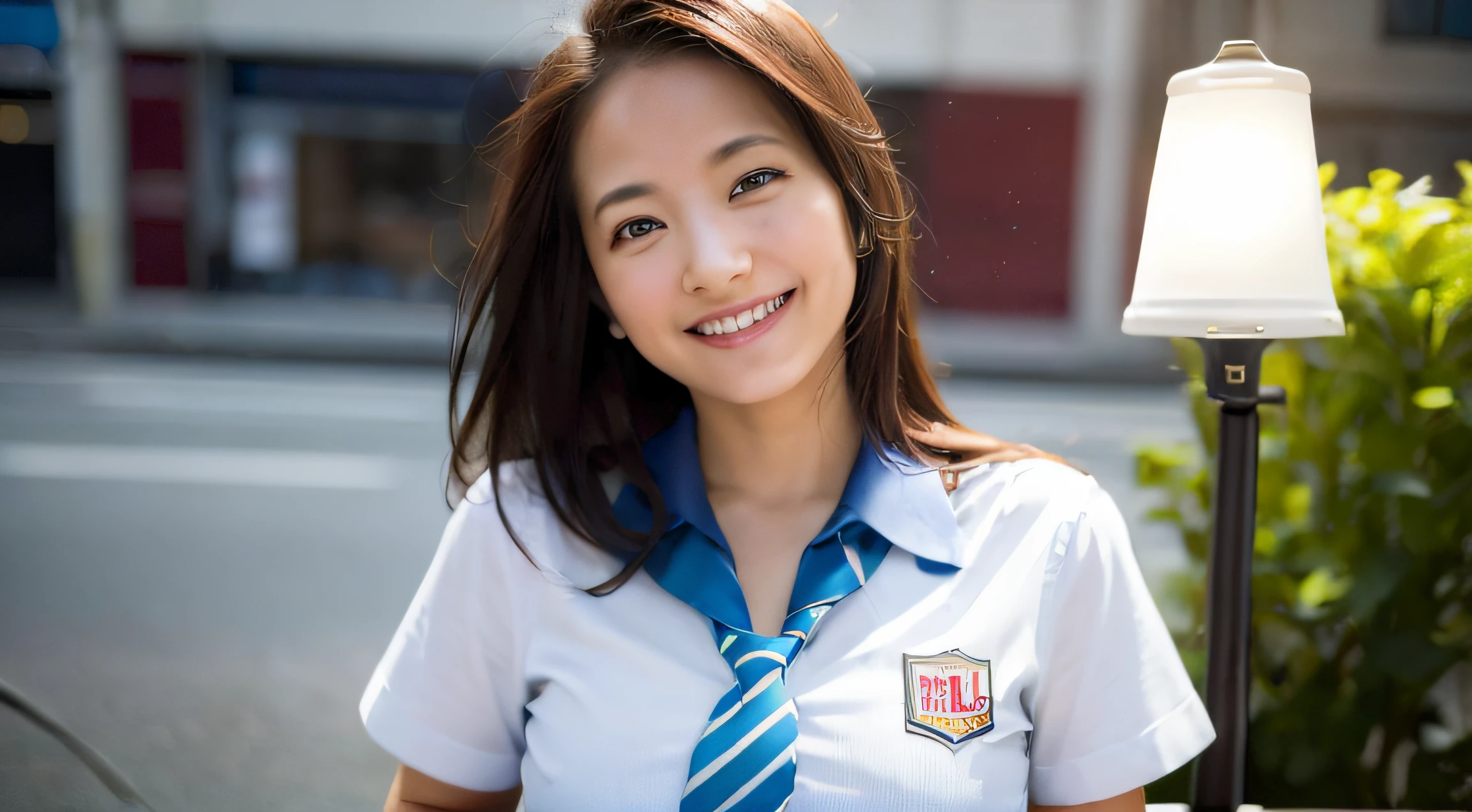 1girl, happy, smiling, (at street:1.2), ((office uniform:1.2)),night, RAW photo, (photorealistic:1.37, realistic), highly detailed CG unified 8K wallpapers, looking at viewer, (((straight from front))), (HQ skin:1.8, shiny skin), 8k uhd, dslr, soft lighting, high quality, film grain, Fujifilm XT3, ((upper body:1.6)), (professional lighting:1.6)