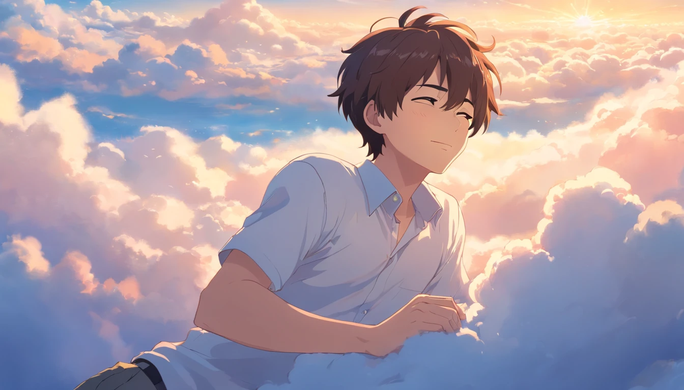 Sleeping on the clouds, Handsome man in white shirt, Eyes closed, Short-haired, Sunny, Smiling, Blackhead