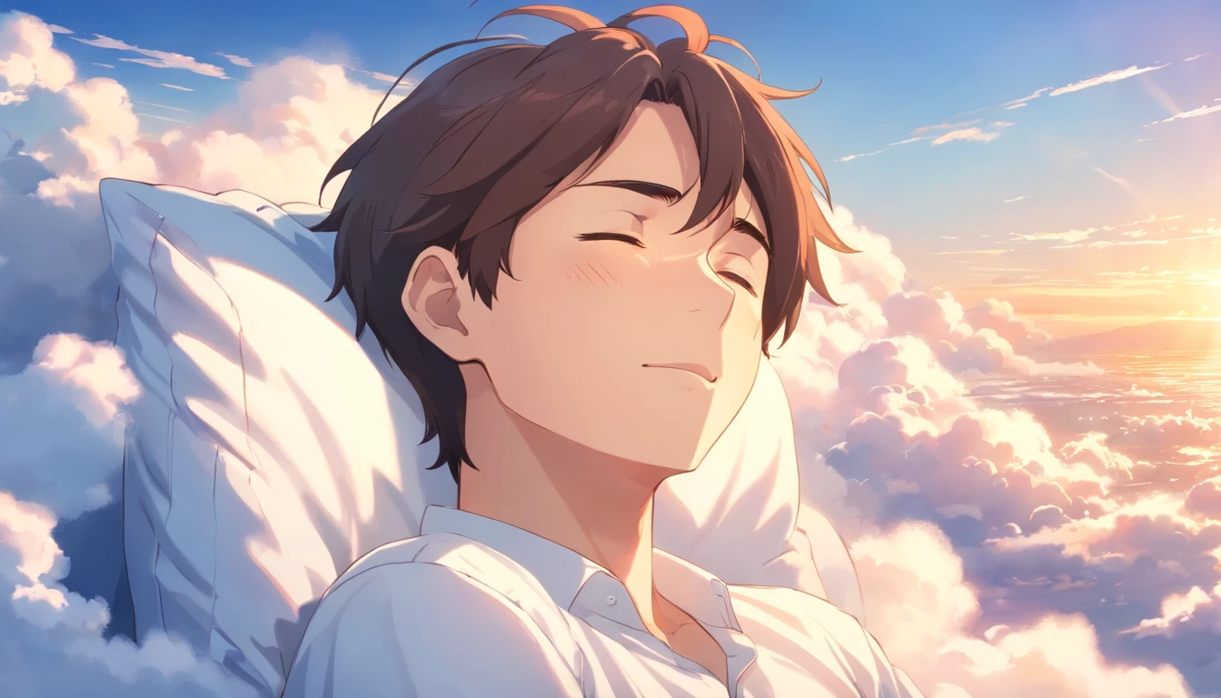 Sleeping on the clouds, Handsome man in white shirt, Eyes closed, Short-haired, Sunny, Smiling, Blackhead