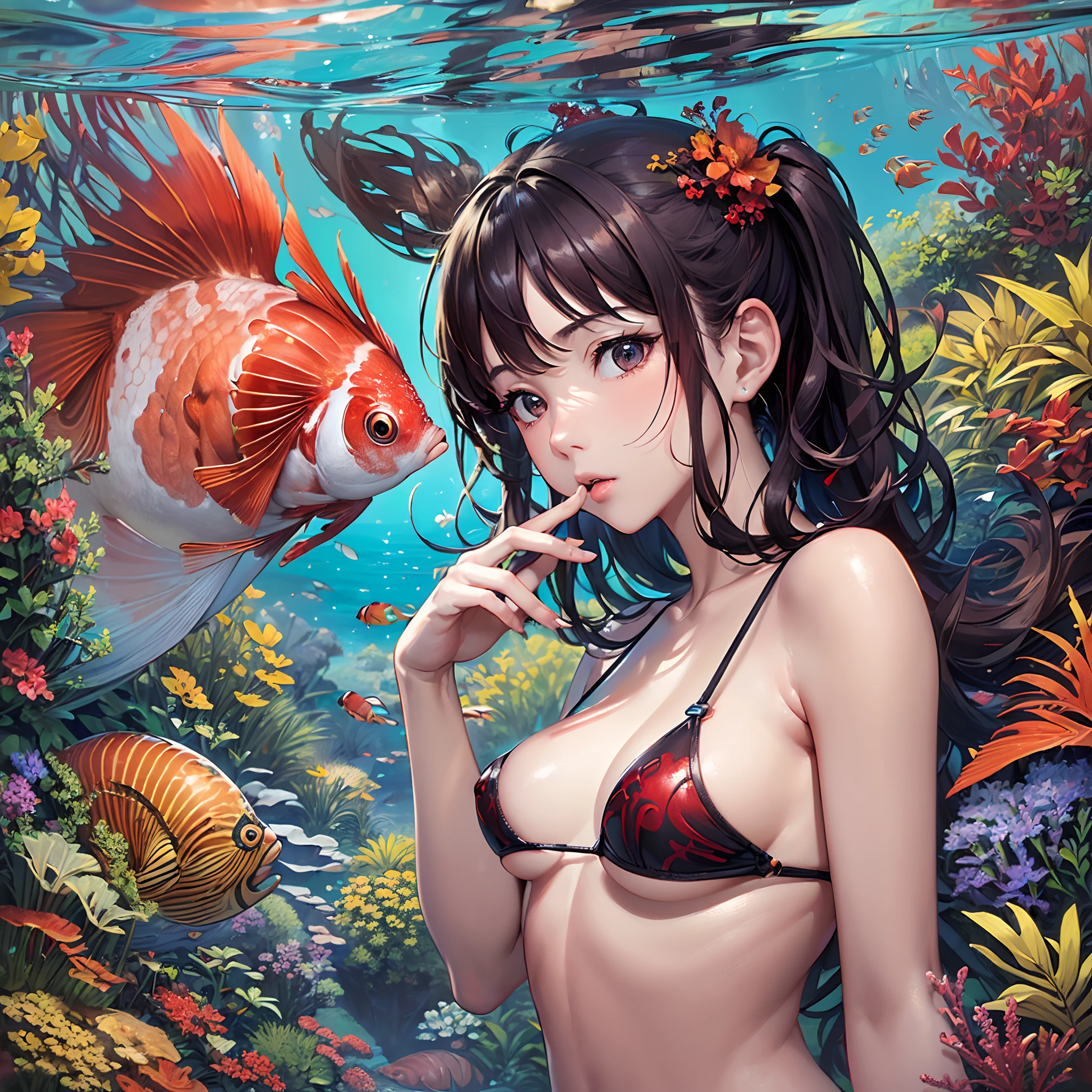 ((Finest quality)),(超A high resolution),(ultra-detailliert),(Meticulous portrayal),((Best CG)),(Finest works of art),Ultra-Precision Art,The art of astounding depiction, (1人の女性:1.5),(Red shortcuts:1.5),((small tits:1.5)), reefs,tropical fish:1.3,calm sea