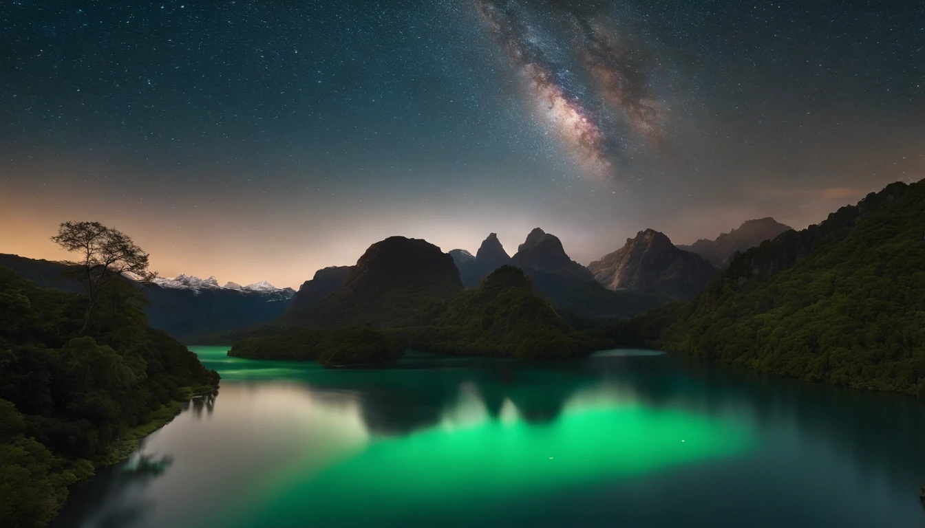 uma caveira colossal que continha um lago majestoso , Cena muito alta qualidade e muito detalhada , octan render, Starry sky , Sonhos , Lua verde gigante , Vaut from the sky , inspiration, imagination