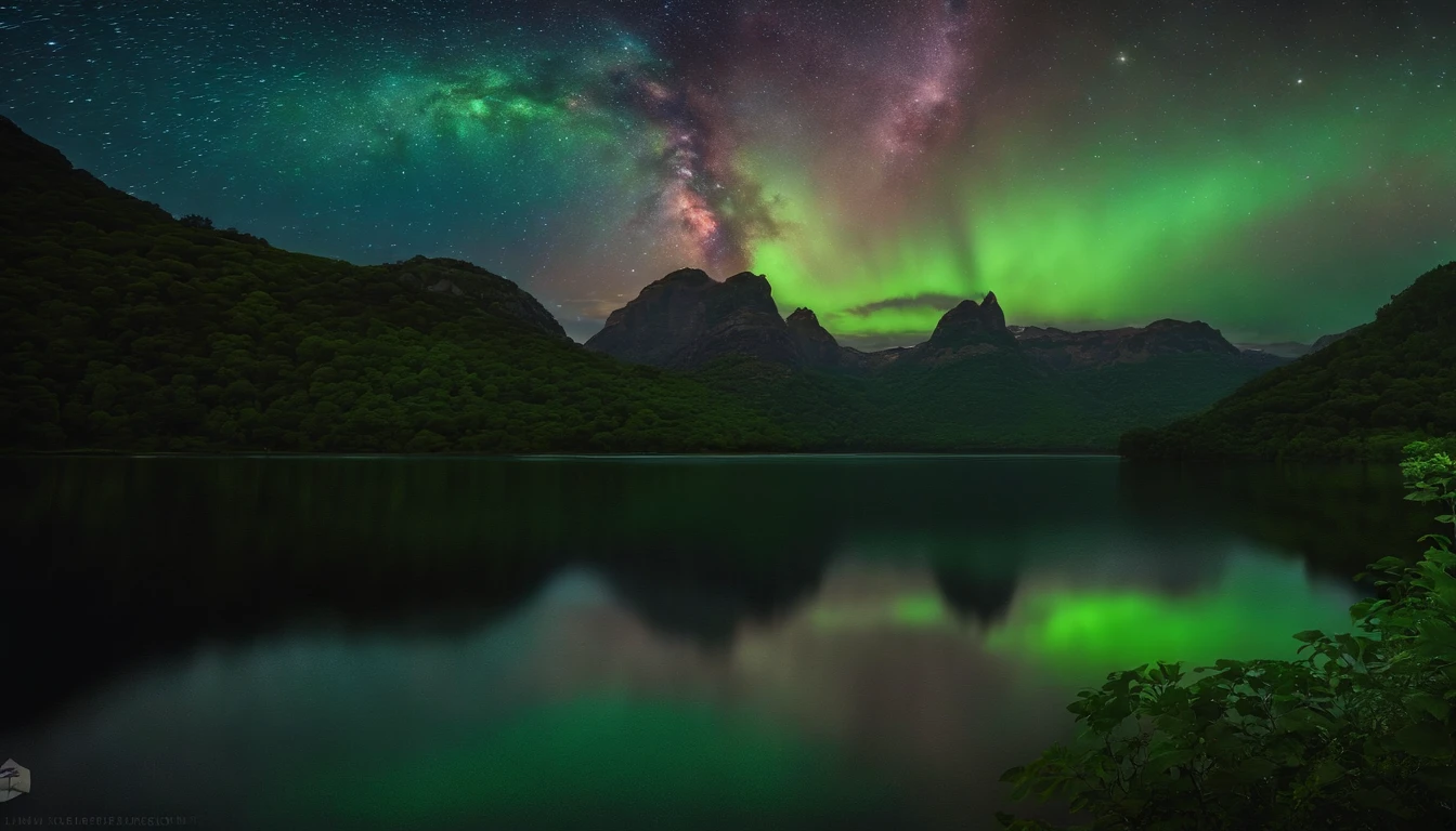 uma caveira colossal que continha um lago majestoso , Cena muito alta qualidade e muito detalhada , octan render, Starry sky , Sonhos , Lua verde gigante , Vaut from the sky , inspiration, imagination