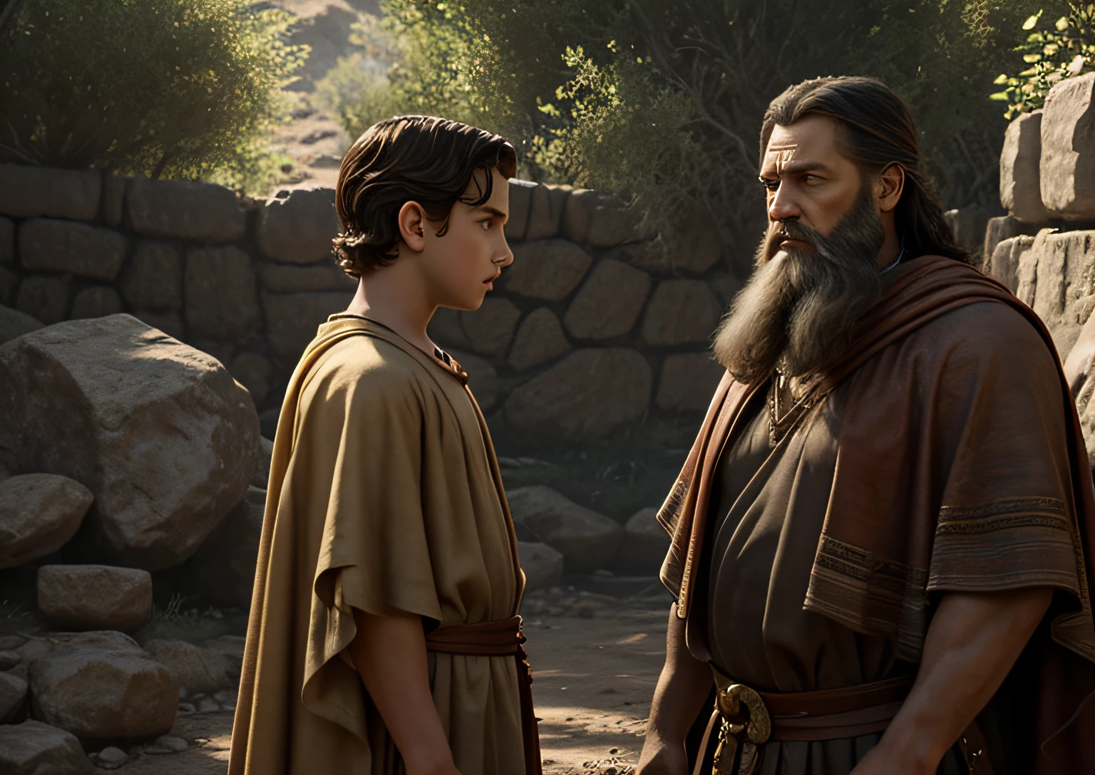 a man with a beard standing next to a little boy, a digital rendering, trending on Artstation, biblical epic movie, screenshot from a movie, old testament, sony pictures animation, ultra realistic masterpiece, moses, timothee chalamet, movie trailer, archimedes, live-action adaptation, father time, octane render ] ”