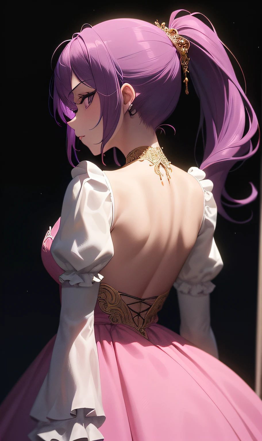 (masterpiece, best quality:1.2), extremely detailed, detailed hair, soft skin,
1girl, solo, standing, upper body, from behind,
purple hair, long hair, high ponytail, long ponytail,
purple eyes, long eyelashes, thick eyelashes, looking at viewer,
pink dress, backless dress, ornate dress, puffy skirt, long skirt, puffy sleeves, juliet sleeves, long sleeves,
,
black background,