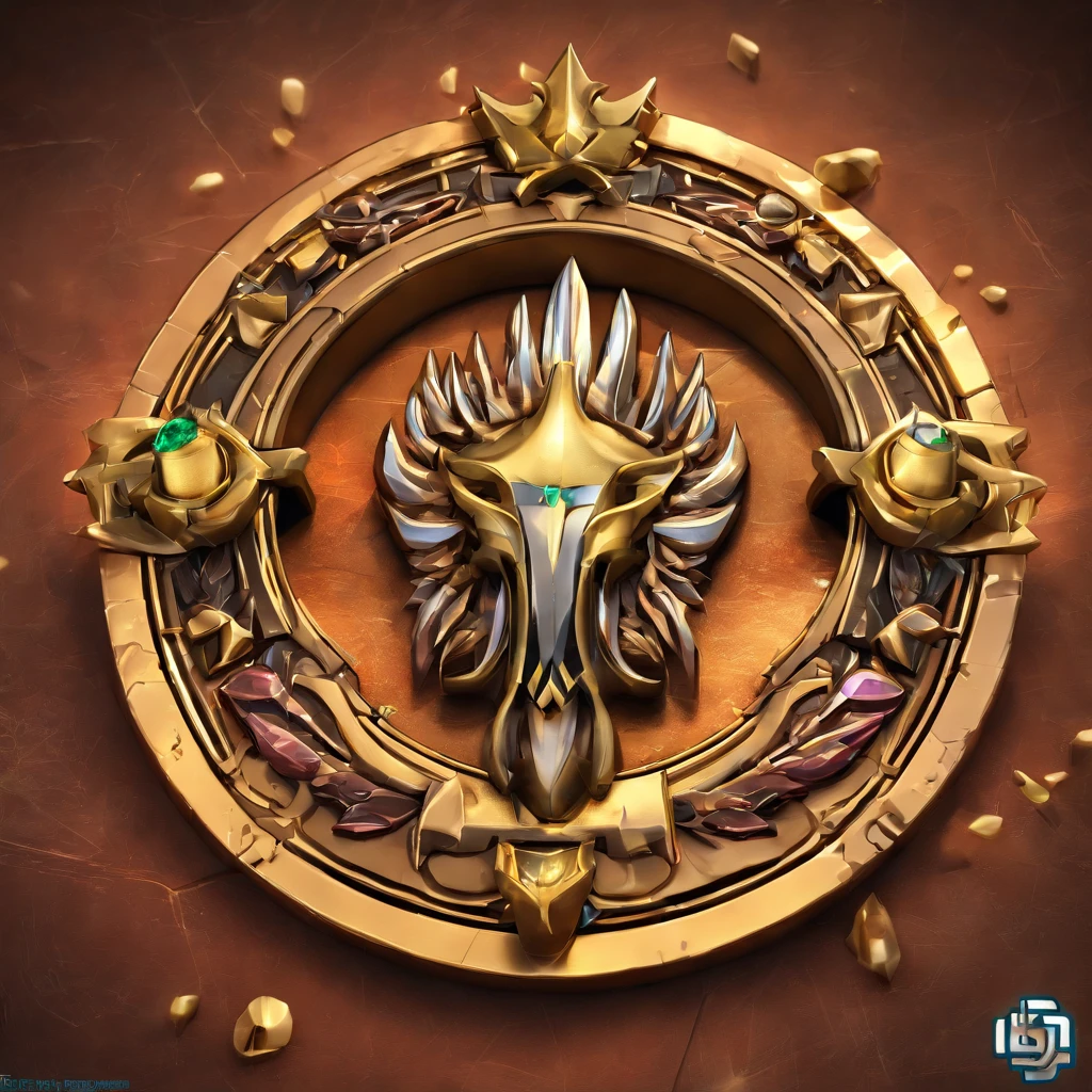 Game medallion with metal faucet closeup with crown,Close-up of the faucet,hearthstone art style, Hearthstone style art, hearthstone concept art, Riot game concept art, style of league of legends, iconic character splash art, League of Legends Crown,Game badge,Surrounding metal feathers,copper gold,c4d渲染,Less detail,less detailing,There is a huge metal faucet in the middle,The head has gorgeous gemstones