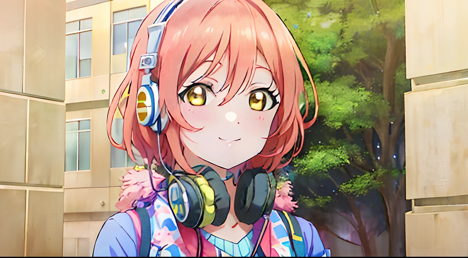 Close up portrait of a person with headphones standing in front of a building, anime visual of a young woman, Anime visuals of cute girls, sayori, today's featured anime still, Anime girl named Lucy, Rin, Still from TV anime, sankakucomplex anime image, anime still film anime shikishi, in the anime film, nishimiya shouko