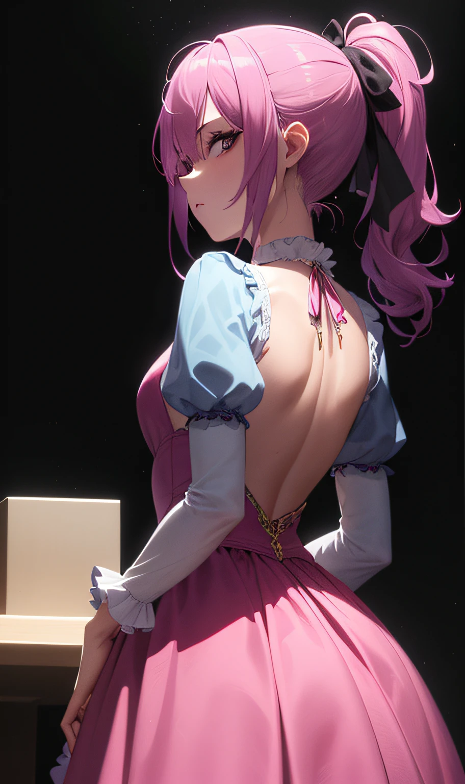(masterpiece, best quality:1.2), extremely detailed, detailed hair, soft skin,

1girl, solo, standing, upper body, from behind,

purple hair, long hair, high ponytail, long ponytail,

purple eyes, long eyelashes, thick eyelashes, looking at viewer,

pink dress, backless dress, ornate dress, puffy skirt, long skirt, puffy sleeves, juliet sleeves, long sleeves,

,

black background,