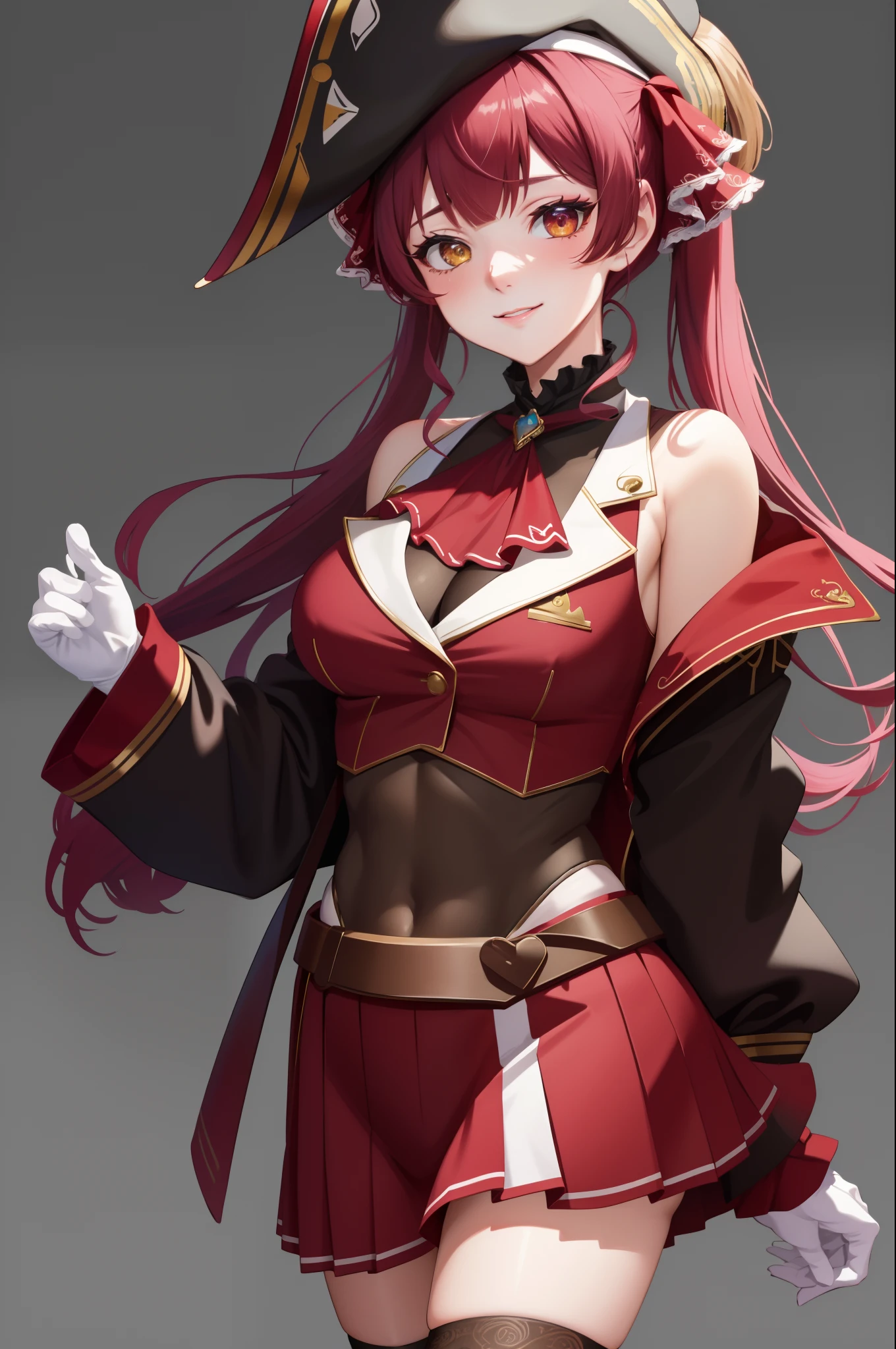 masterpiece, best quality, absurdres, perfect antomy, houshouBase, 1girl, solo, heterochromia, red eyes, yellow eyes, twintails, long hair, hair ribbon, large breasts, white gloves, frilled choker, red ascot, leotard, leotard under clothes, red jacket, cropped jacket, sleeveless jacket, black coat, off shoulder, bicorne, red skirt, miniskirt, leather belt, black thighhighs, standing, smile