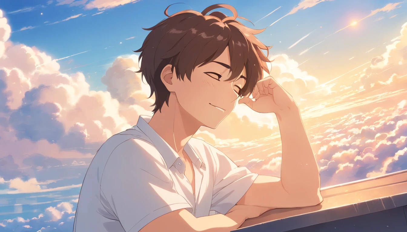 Sleeping on the clouds, Handsome man in white shirt, Eyes closed, Short-haired, Sunny, Smiling, Detailed face
