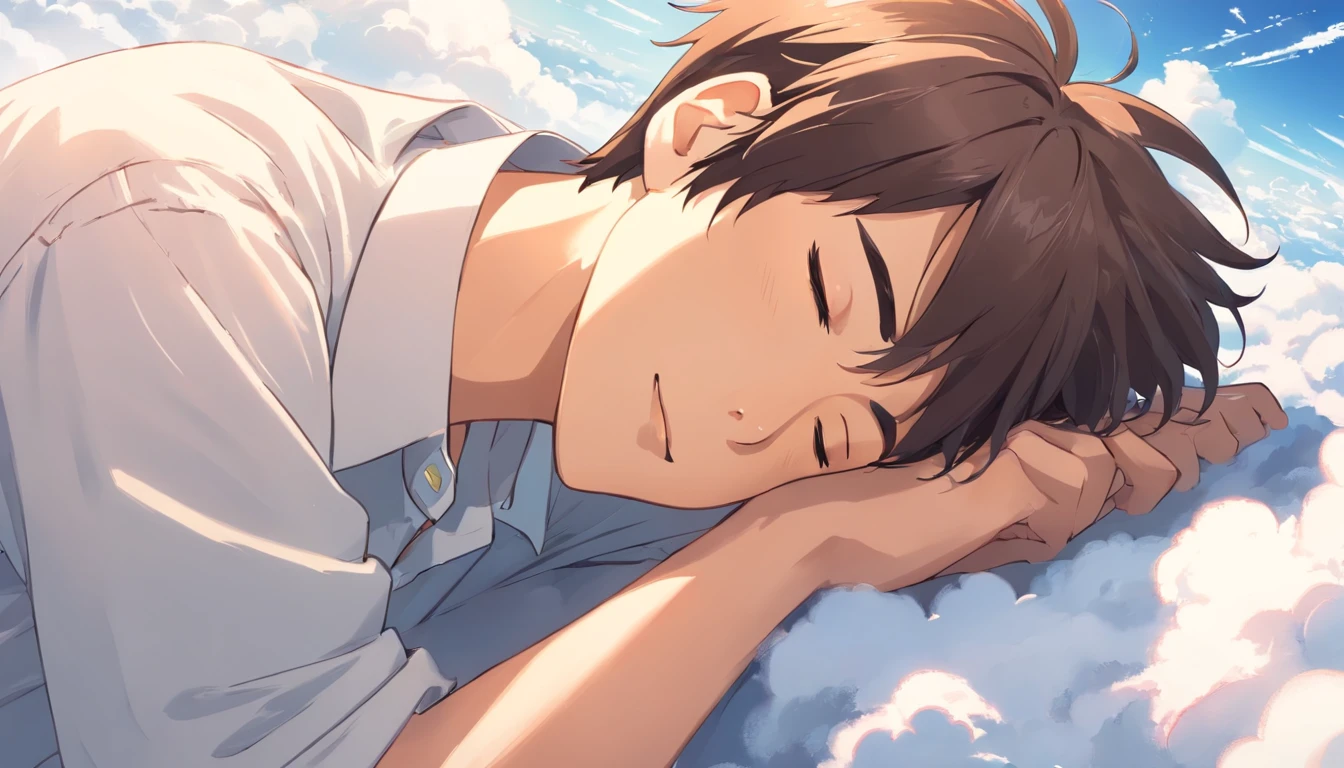 Sleeping on the clouds, Handsome man in white shirt, Eyes closed, Short-haired, Sunny, Smiling, Detailed face