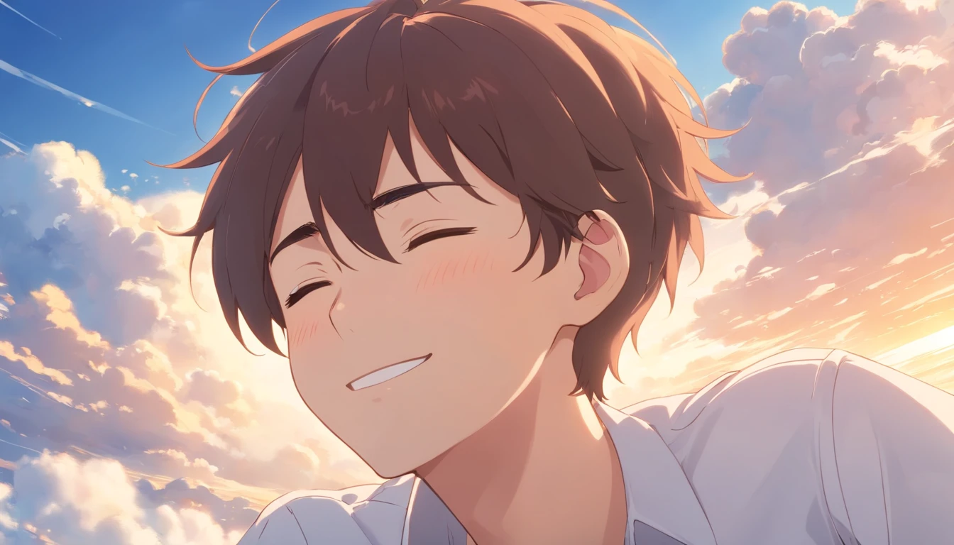 Sleeping on the clouds, Handsome man in white shirt, Eyes closed, Short-haired, Sunny, Smiling, Detailed face