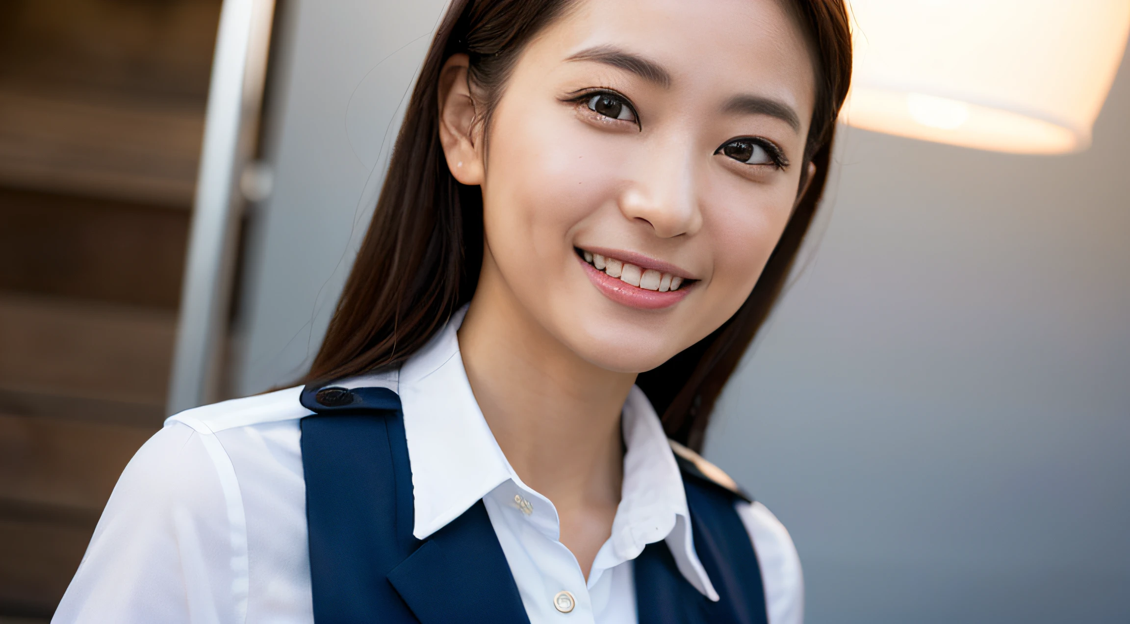 1girl, happy, smiling, (at street:1.2), ((office uniform:1.2)),night, RAW photo, (photorealistic:1.37, realistic), highly detailed CG unified 8K wallpapers, looking at viewer, (((straight from front))), (HQ skin:1.8, shiny skin), 8k uhd, dslr, soft lighting, high quality, film grain, Fujifilm XT3, ((upper body:1.6)), (professional lighting:1.6)