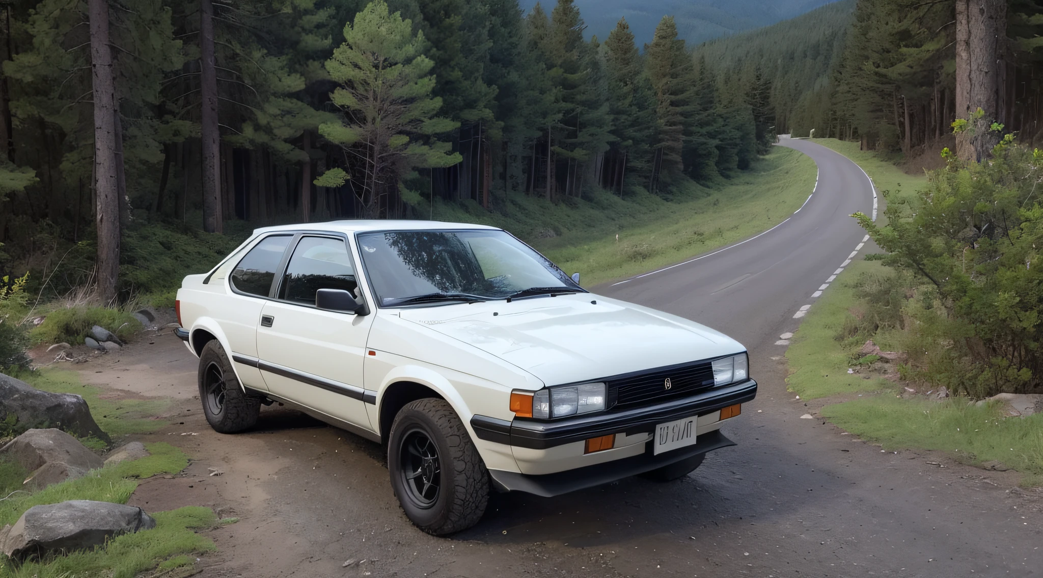 In a remote mountainous area, la Toyota Trueno AE86, avec sa carrosserie rouge et noire, has turned into an off-road machine. Ses pneus tout-terrain robustes, Its raised suspensions and modified body kit prepare it for outdoor adventure.

You are standing next to the Trueno, Wearing your black sweater with a white logo, de lunettes de soleil, and a cap adapted to the off-road environment. By your side, The 17-year-old is also ready for adventure. She now wears clothes that are more suitable for the outdoors, with durable trousers and jacket, as well as hiking boots.

The atmosphere is different from the previous version, with the road giving way to a steep mountain path. The Trueno is ready to take on the challenges of rugged terrain, with bright spotlights ready to pierce the darkness of the night. You're both eager to venture into the wilderness, Ready to overcome obstacles and explore new horizons. --auto
