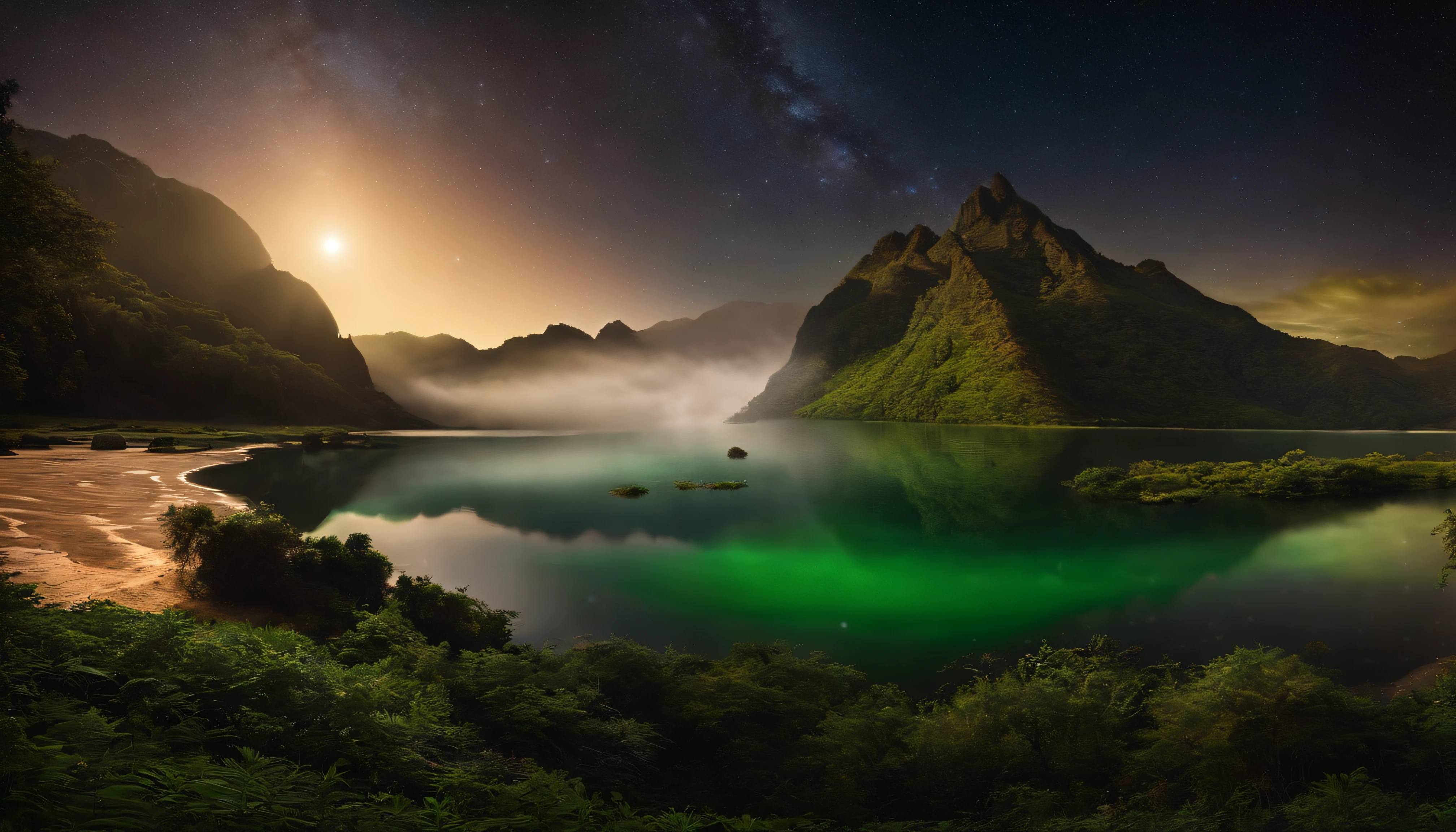 uma caveira colossal que continha um lago majestoso , Cena muito alta qualidade e muito detalhada , octan render, Starry sky , Sonhos , Lua verde gigante , Vaut from the sky , inspiration, imagination