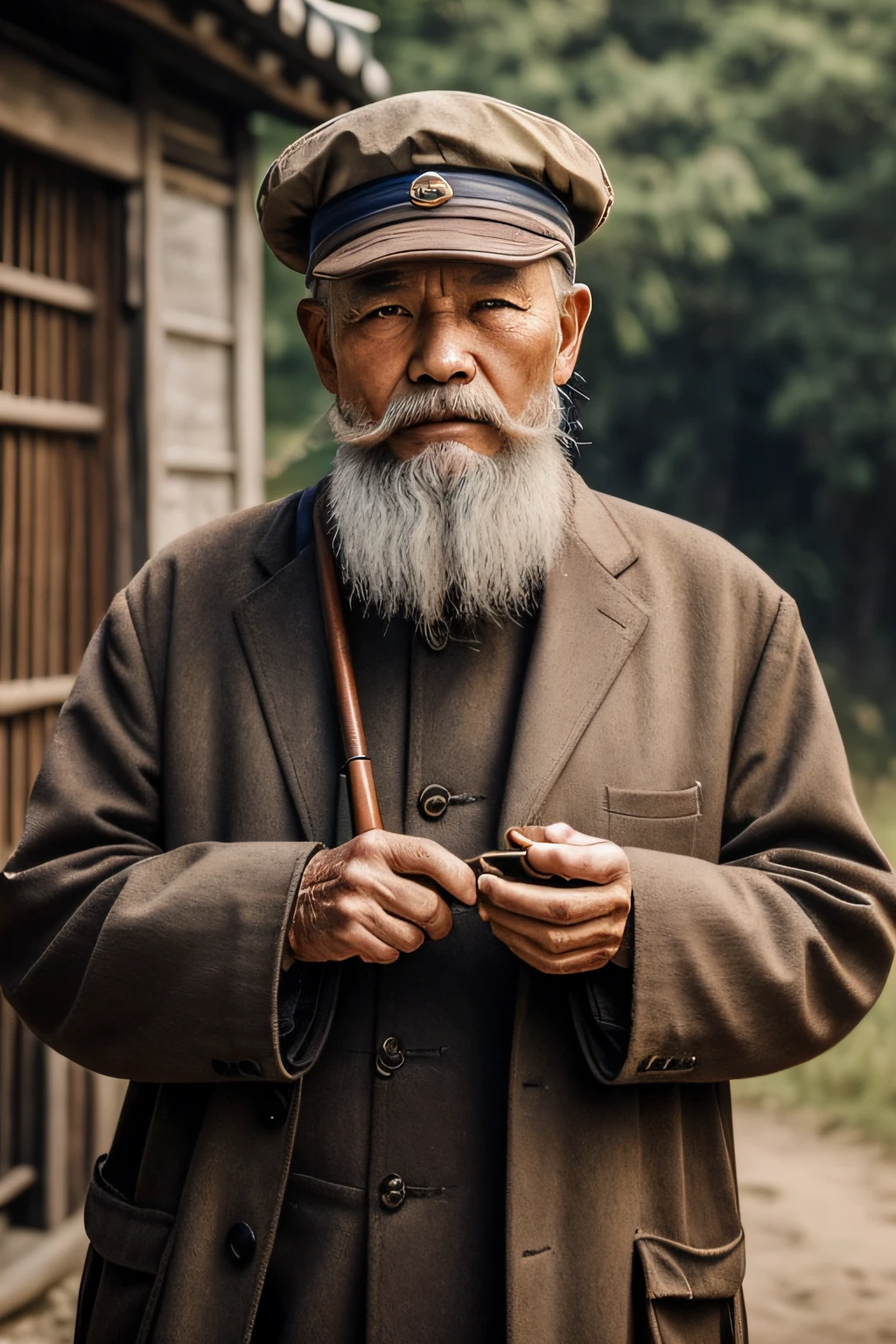 An old man with traditional Chinese thinking，Real frontal photos，Authentic background，The background is nature，holding a pipe，worn-out clothing，With a hat on，Face full of wrinkles，80-year-old man，Wise eyes，The beard is white，male people，country style，unreal-engine，Wide