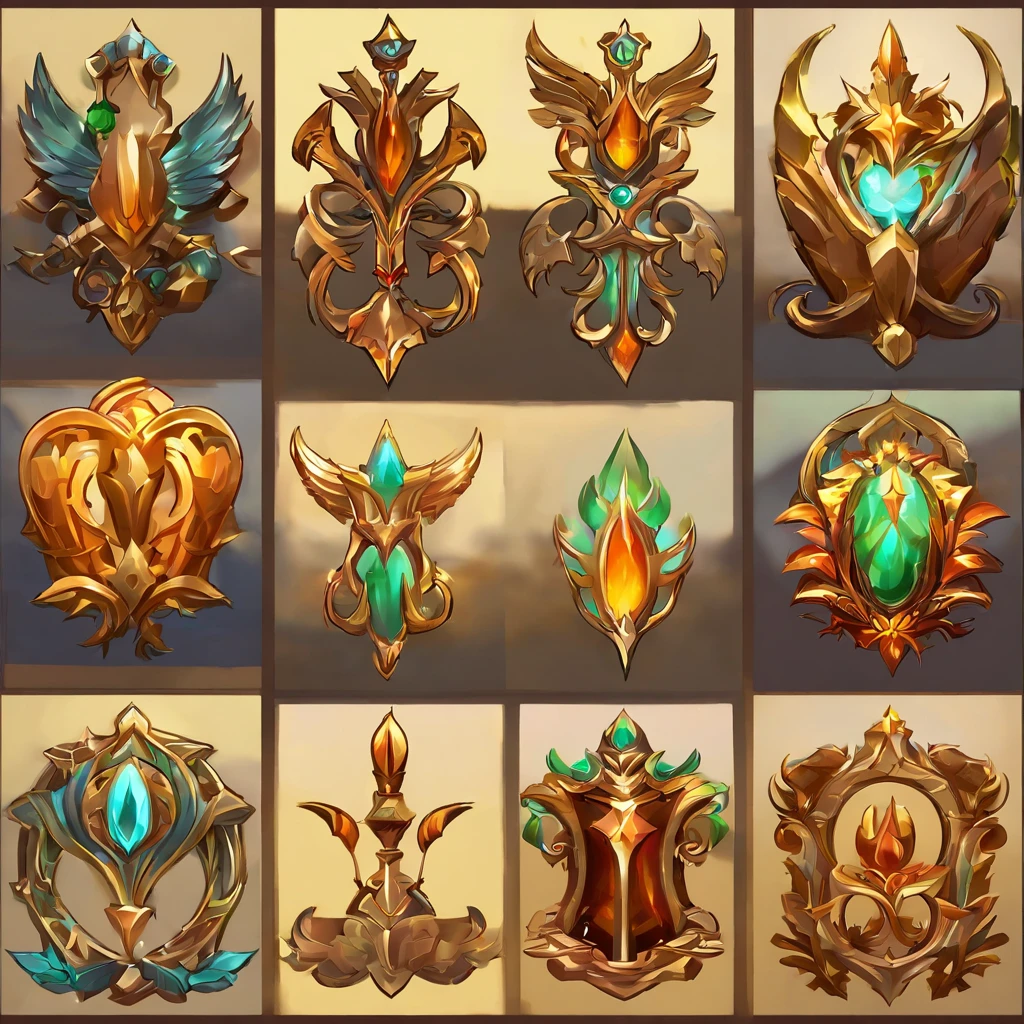 Game badges,tiara crown,Pedras preciosas,hearthstone art style, Hearthstone style art, hearthstone concept art, Riot game concept art, style of league of legends, iconic character splash art, League of Legends Crown,Game badge,Surrounding metal feathers,copper gold,c4d渲染,Less detail,less detailing