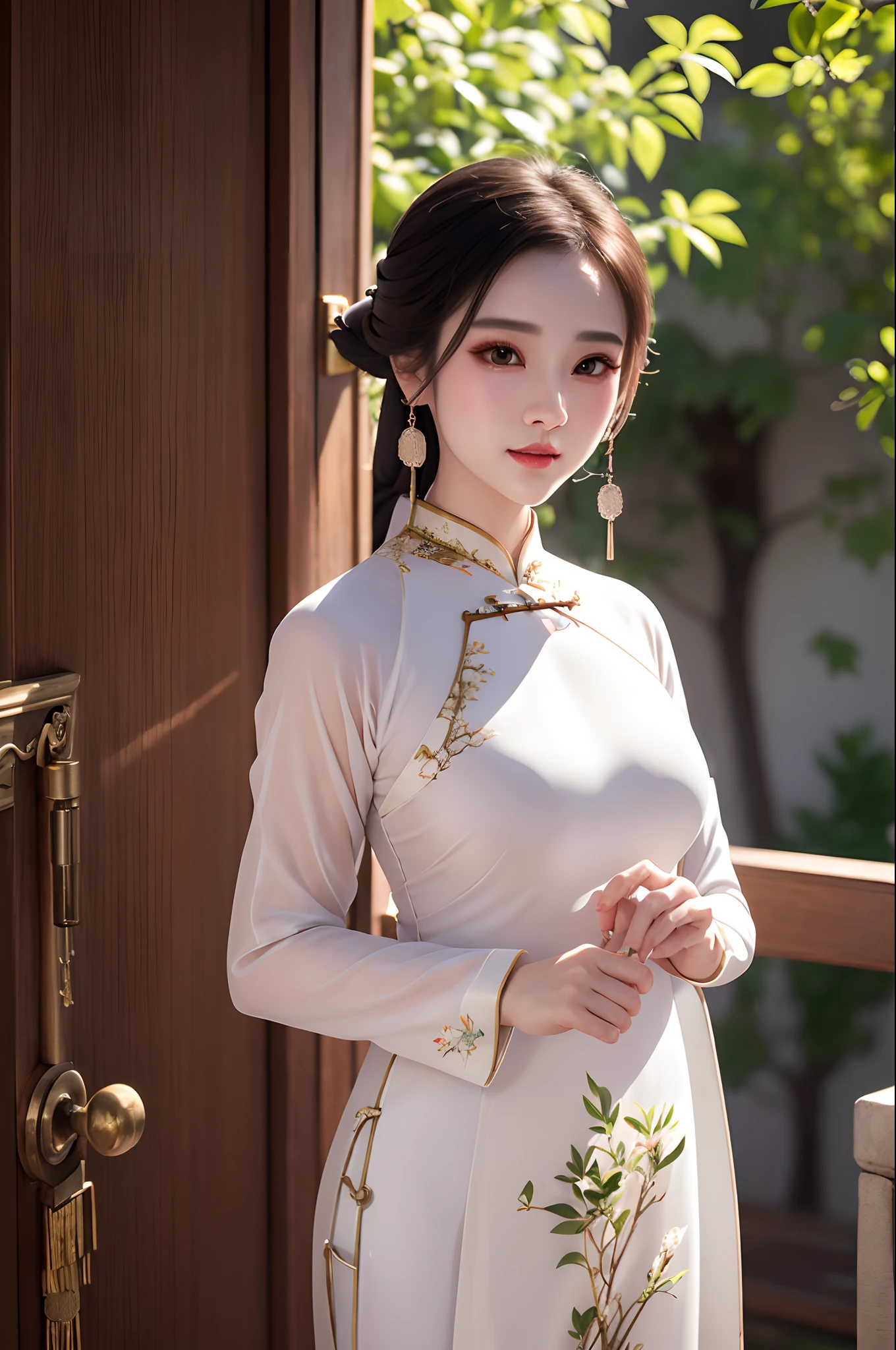 (best quality, masterpiece:1.2), photorealistic, ultra high res, full body shot, front lighting, intricate detail, Exquisite details and textures, 1girl, (young), face highlight, upper body, detailed face, tear mole, white skin, silver hair, ponytail, braid hair, looking at viewer, big eyes, symmetrical eyes, (sexy ao dai attire:1.6), earrings, (gigantic breasts), slim body, professional lighting, photon mapping, radiosity, physically-based rendering, good hands, good fingers, outdoor, multicolor, masterpiece,ultra realistic,32k,extremely detailed CG unity 8k wallpaper, best quality