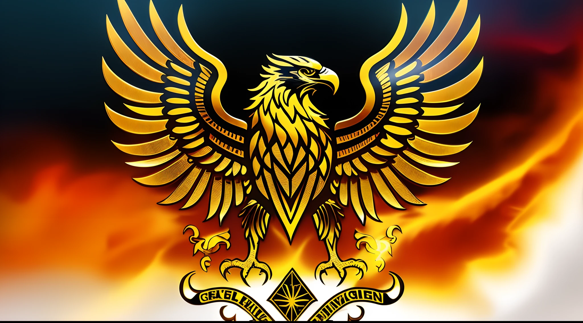 Golden eagle with wings and shield isolated on black background, with an eagle emblem, Eagle Logo, Engraved vector image, emblem of wisdom, imperial symbol, album, shoulder patch design, Majestic symmetrical eagle wings, Royal insignia on the background, high quality scan, hali々and clothes, SVG Illustration, White eagle icon, insignia, Hydro 74 Style, Royal Bird